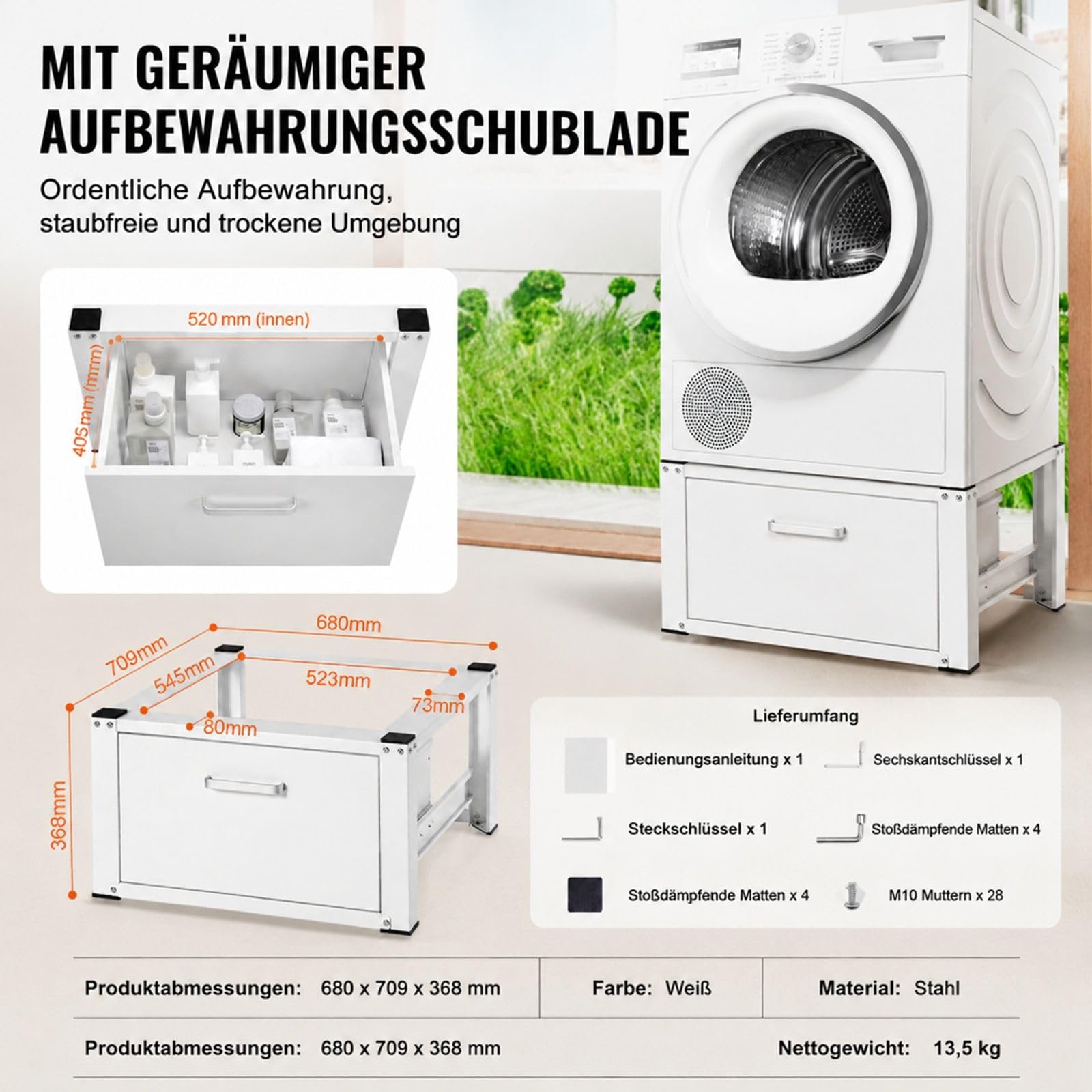 Universeller Waschmaschinen- und Trockner-Sockel mit Schublade, Untergestell für Waschküche mit Zubehör