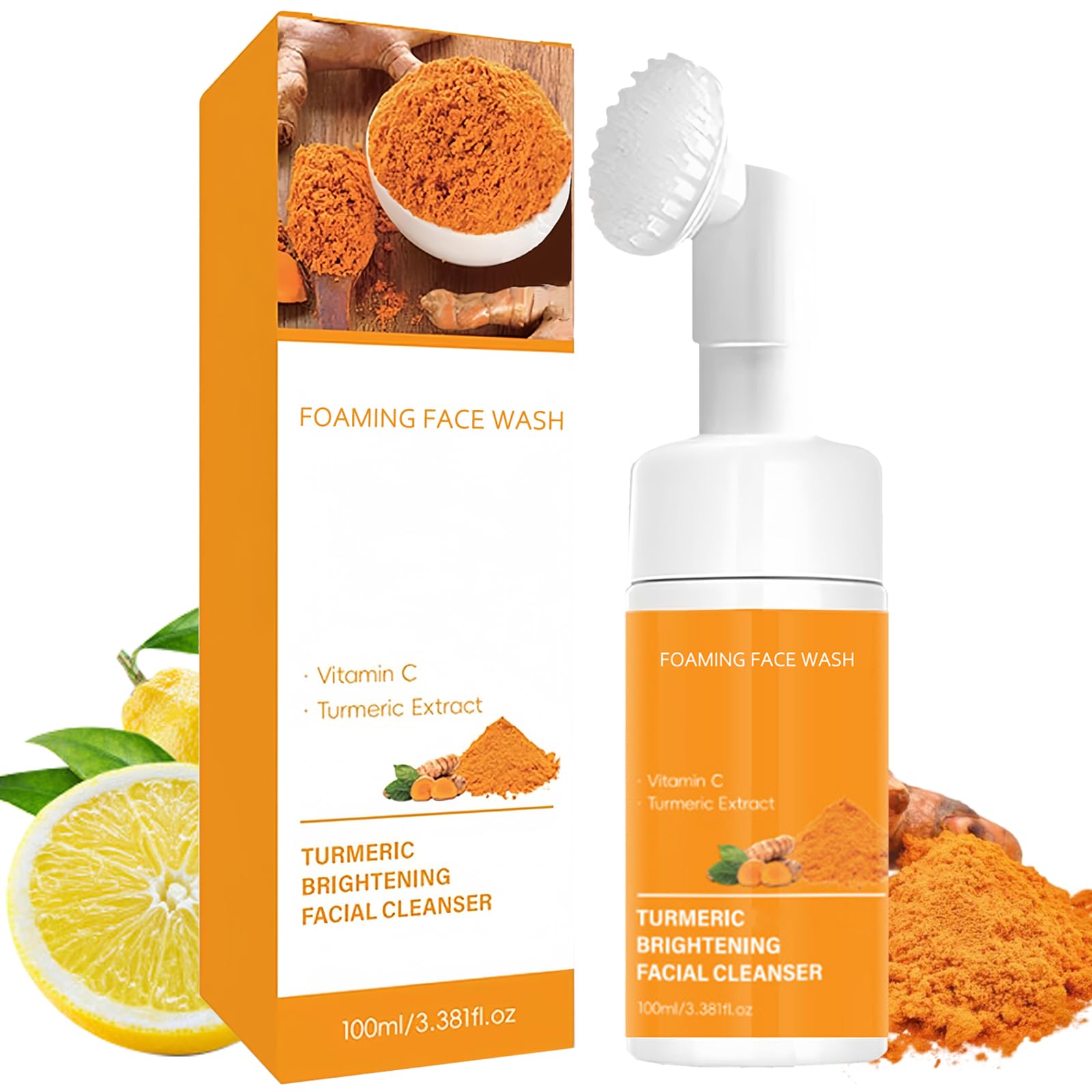 Turmeric Face Wash with Brush, Foaming Cleanser for Women, Improves Blemishes, Zits, & Evens Skin Tone