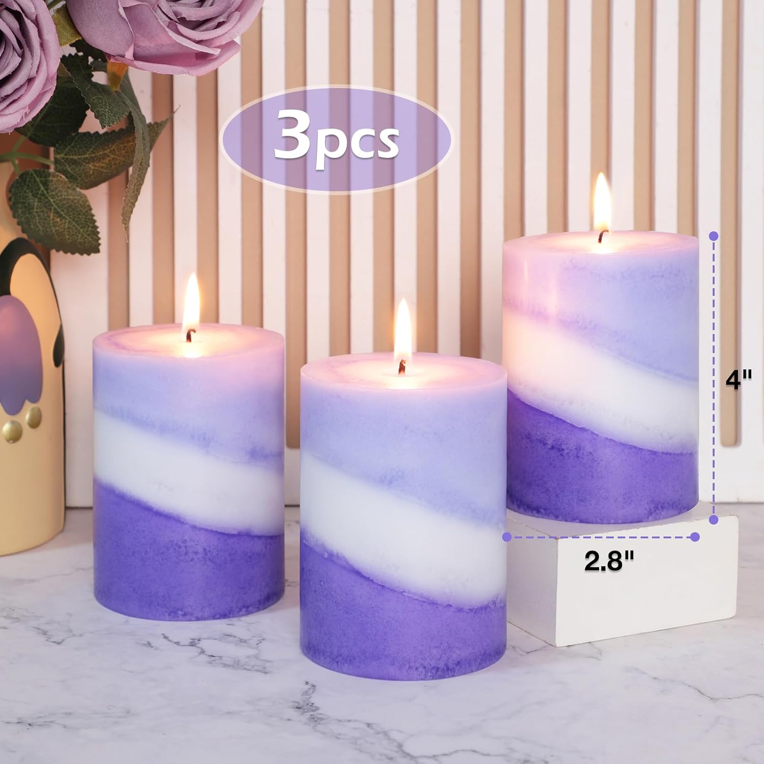 Pillar Candles 3x4 Inches Purple Lavender Scented Hand-Poured 60+ Hours Long Burning Floral Aromatherapy Gradient Decorative Candle for Home Decor Relaxation Stress Relief Party Bedroom