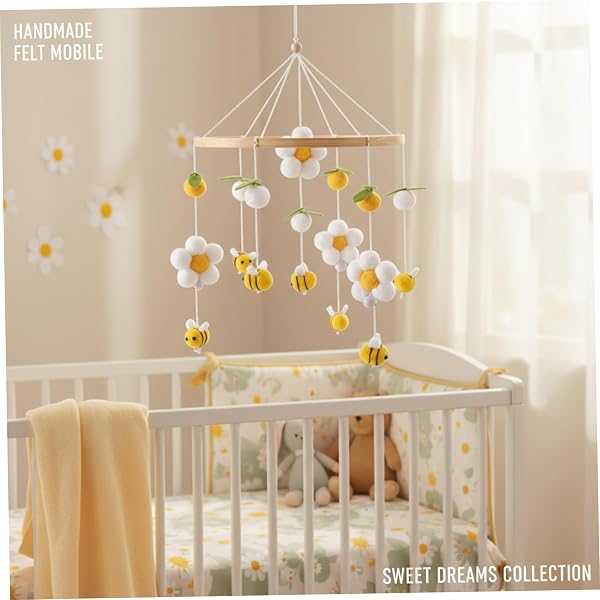 Mobile pour berceau de bébé, mobile de pépinière d'abeilles et fleurs jaunes avec des boules coton à mâcher, jouet doux à suspendre pour berceaux et berceaux, berceau bébé 16 pouces - 5