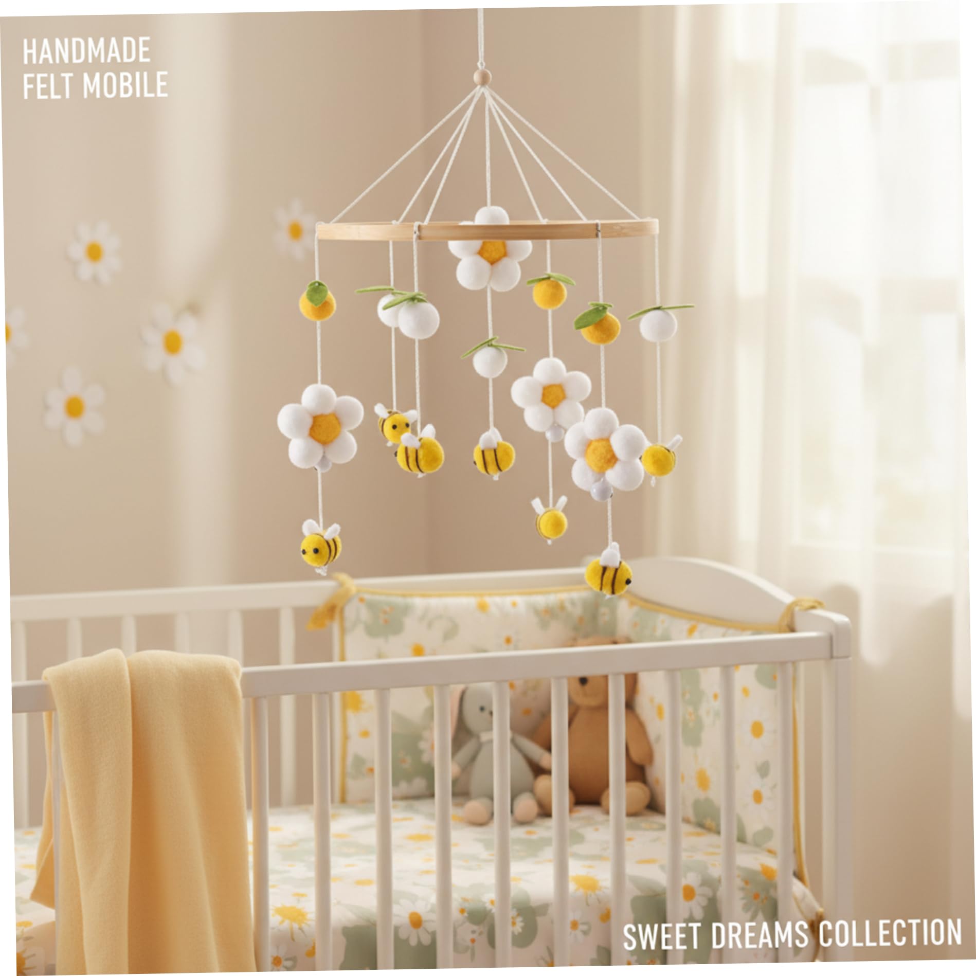 Mobile pour berceau de bébé, mobile de pépinière d'abeilles et fleurs jaunes avec des boules coton à mâcher, jouet doux à suspendre pour berceaux et berceaux, berceau bébé 16 pouces