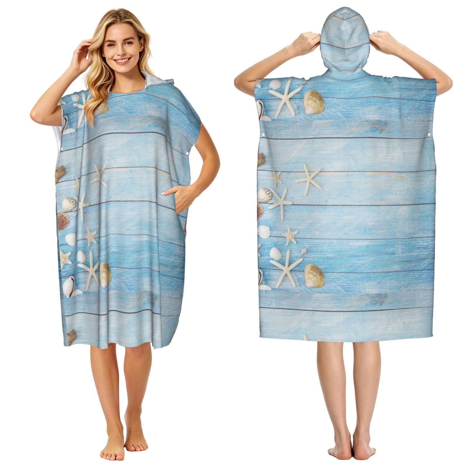 Poadnly Nautical Vintage Board Starfish, Adult Hooded Beach Towel 90 x 110 cm,Changing Bath Robe, Surf Poncho Towel For Women Men