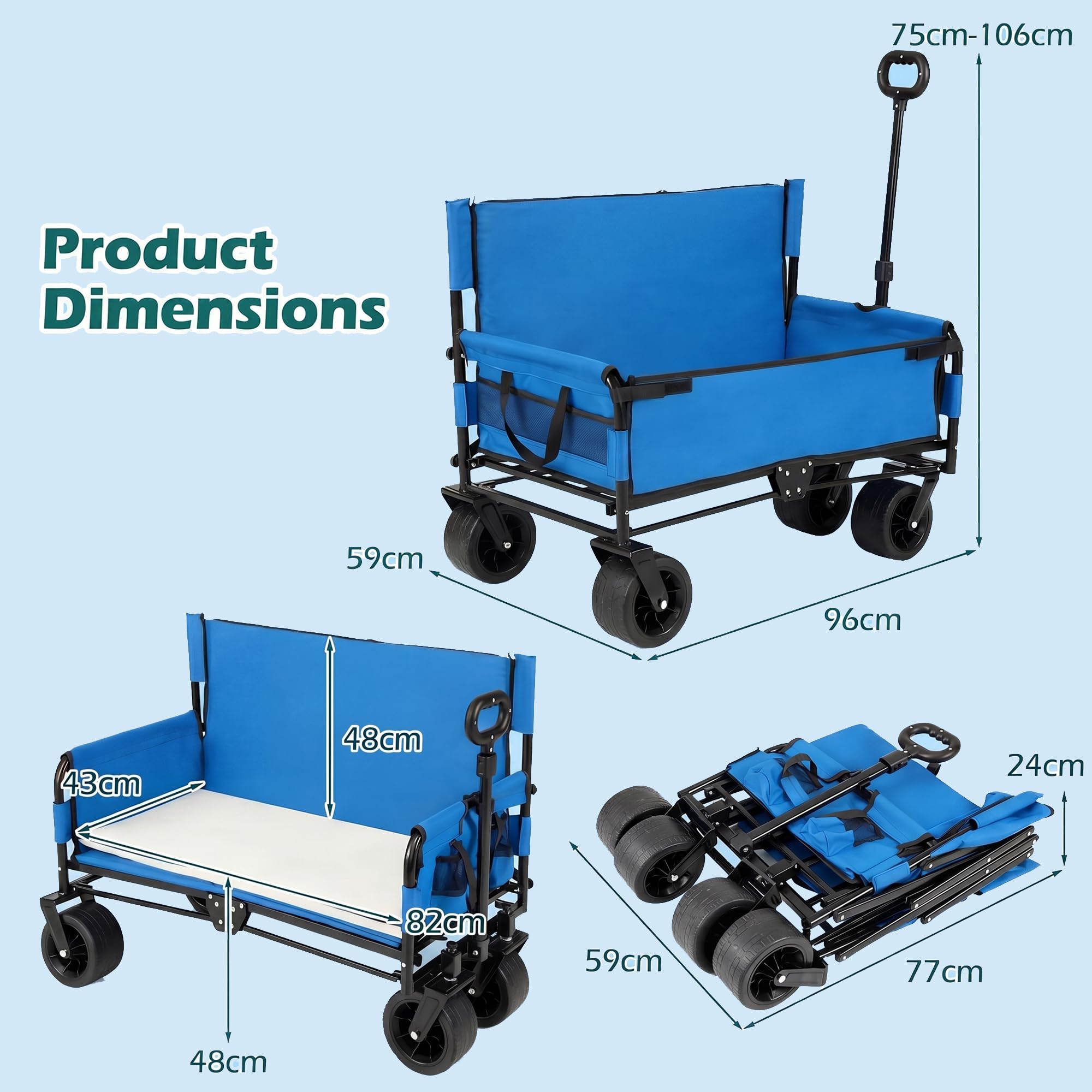 SOARS 2 in 1 Carrello Spiaggia con Seduta, Carretto Pieghevole con Ruote Grandi e Cuscini Morbidi, Carrello da Campeggio, Giardino e Pesca, in Acciao Resistente, Chiusura Rapida, 80 KG, 85L (Blu)