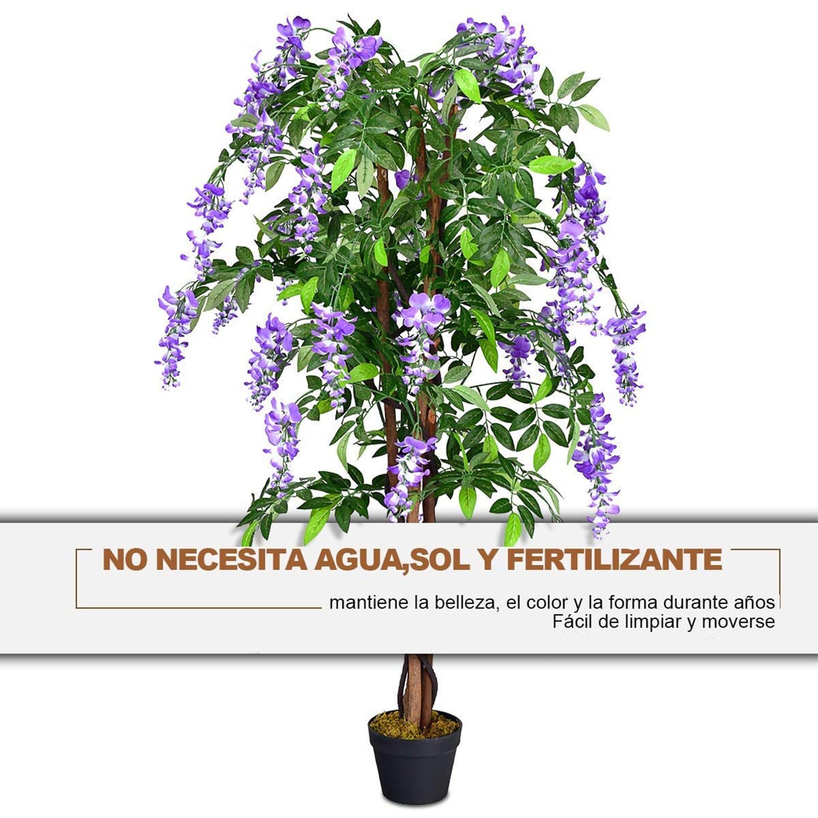 COSTWAY Plantas Artificiales Decorativas, Flores Artificiales con Ratán Simulado con 840 Hojas, Árbol Artificial Planta Simulación con Flores moradas para Oficina Hogar Boda Interior Decoración