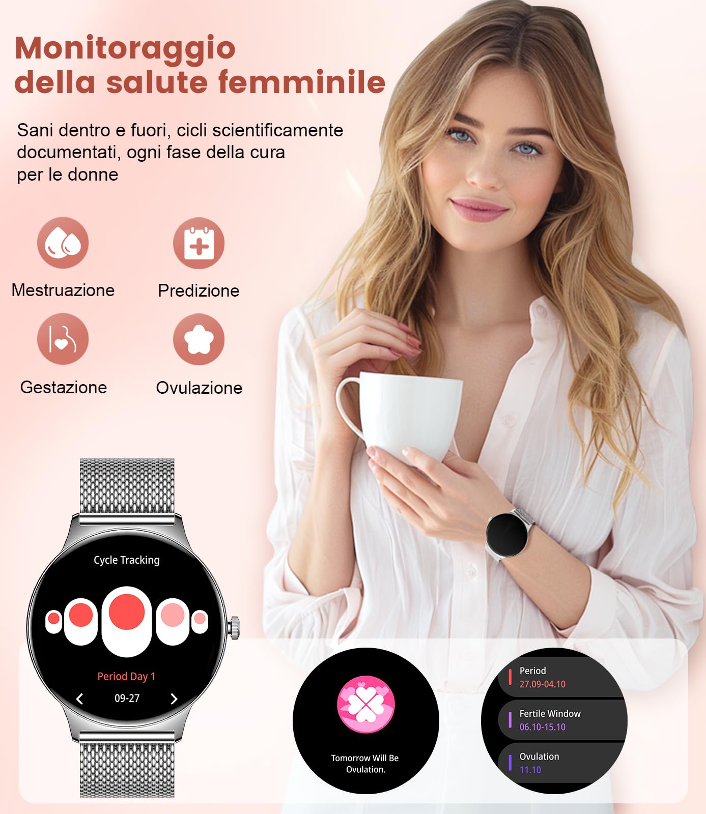 Smartwatch Donna, 1,43" AMOLED Ultra-sottile Orologio Fitness Con Chiamata Bluetooth,100+ Modalità Sportive,24H Cardiofrequenzimetro/Monitoraggio Sonno, IP68 Impermeabile, 2 Cinturini, per Android iOS