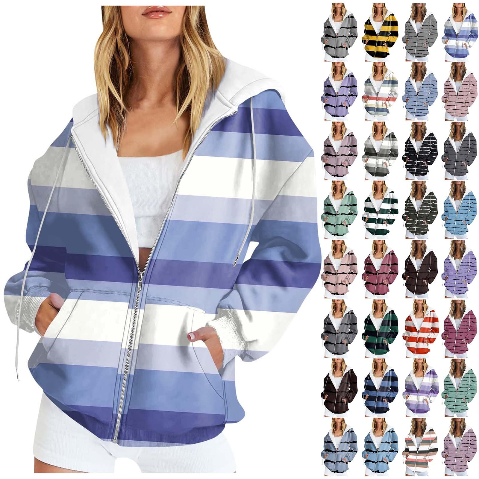 Cocila Ladies Plain Zip Up Hoodie Womens Fleece Hooded Top Long Sleeves Jacket Cute Dressy Activewear Hooded Jacket Coat Printed Striped Fall Sweatshirt Outwear with Pockets