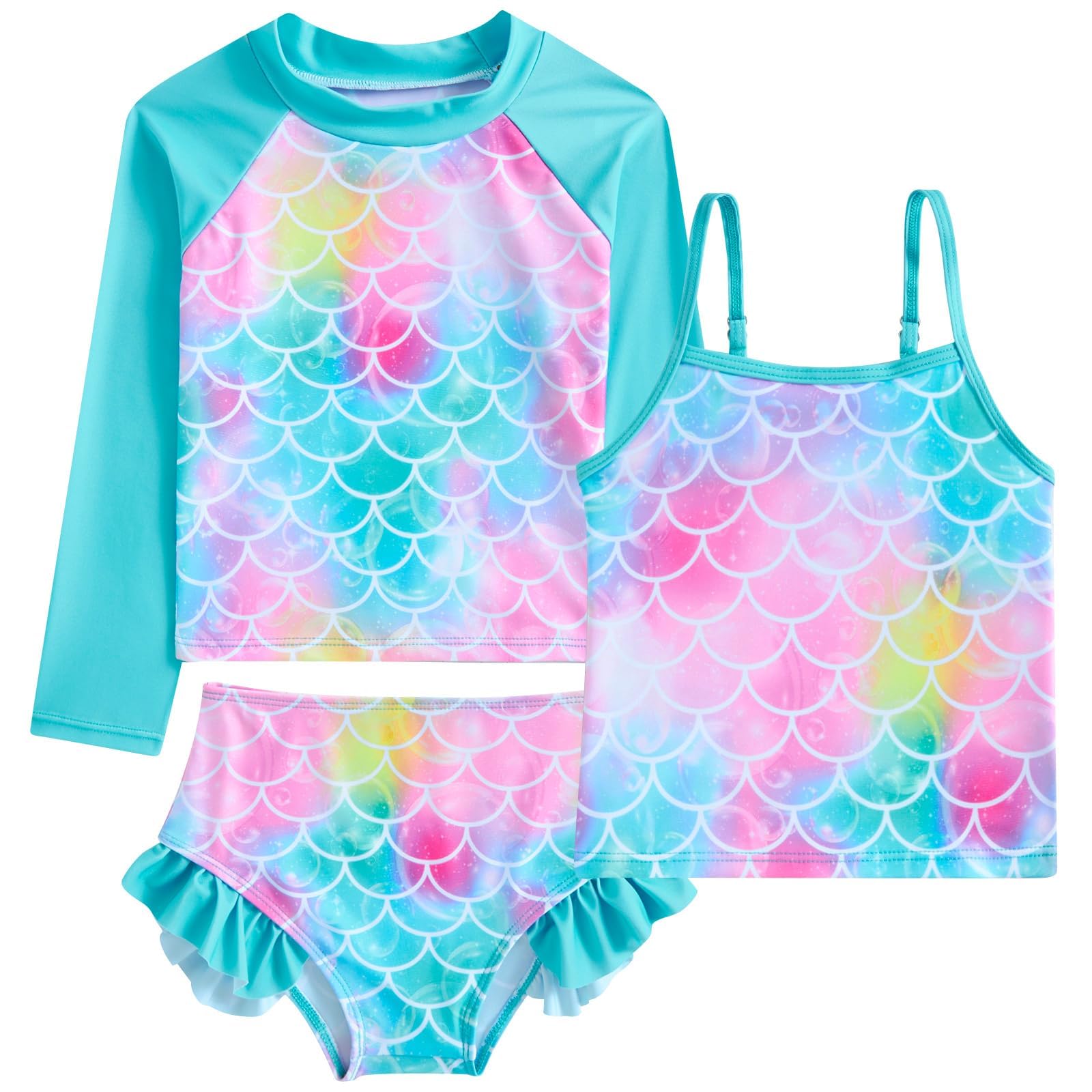 Belovecol Maillot de Bain Trois pièces pour Fille Manches Longues + Caraco + Slip à Volants, Maillot de Bain 4-10 Ans