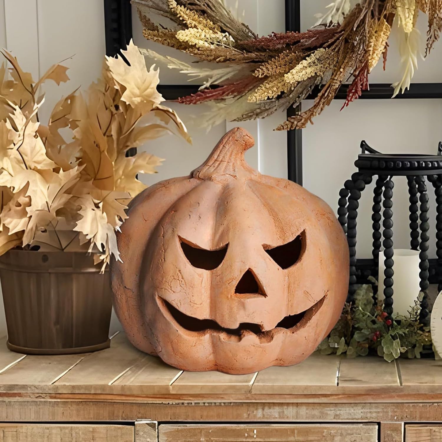 Jack O Lantern Fall Decor, Resin Halloween Pumpkin Lantern, Flameless Lighting Spooky Lamps for Indoor Fireplace Decorations