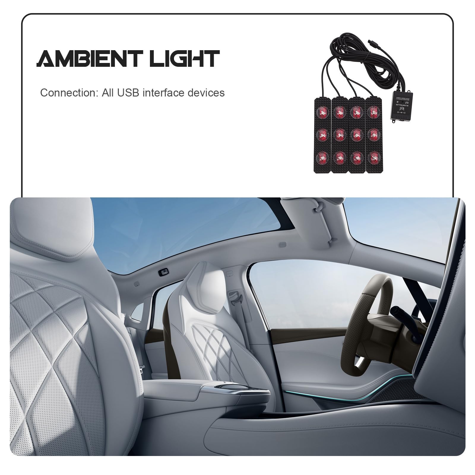 Luz LED Interior para Coche con Activación por Sonido Iluminación para Ambiente bajo Asiento Decoración RGB con Conexión USB para Múltiples Zonas