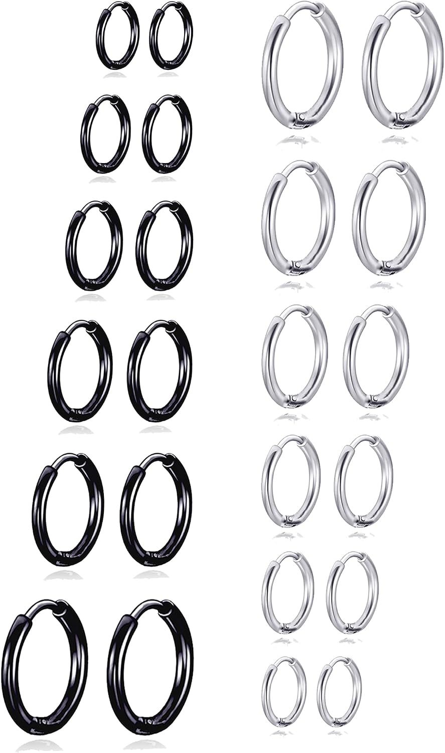12 Pairs Stainless Steel Huggie Hoop Earrings Black Gold Silver Cartilage Piercings Earrings Tiny Small Hoop Earrings f or Women Men 6/8/10/12/14/16mm