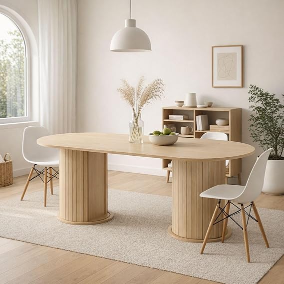 WestWood Dining Table With Leg Storage Cabinet, Wide Oval Tabletop Kitchen Table with Revolving Door and 3-Tier Shelves, Dining Table for Kitchen & Dining Room Natural