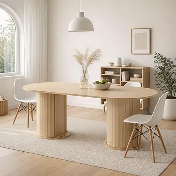 WestWood Dining Table With Leg Storage Cabinet, Wide Oval Tabletop Kitchen Table with Revolving Door and 3-Tier Shelves, Dining Table for Kitchen & Dining Room Natural
