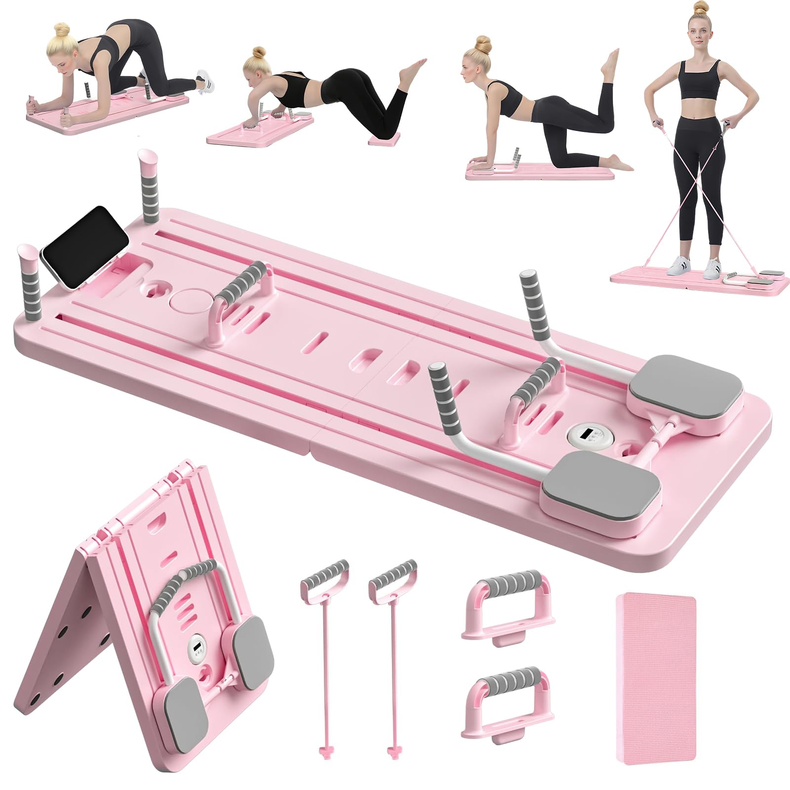 Pilates Board - 5 in1 Pilates Reformer Set, بيلاتس جهاز Pilates Reformer Machine with Timer,Multi-Purpose Foldable Pilates Machine for Home Use and Gym Workout,Pilates Sliding Board for Home Women Men Pink