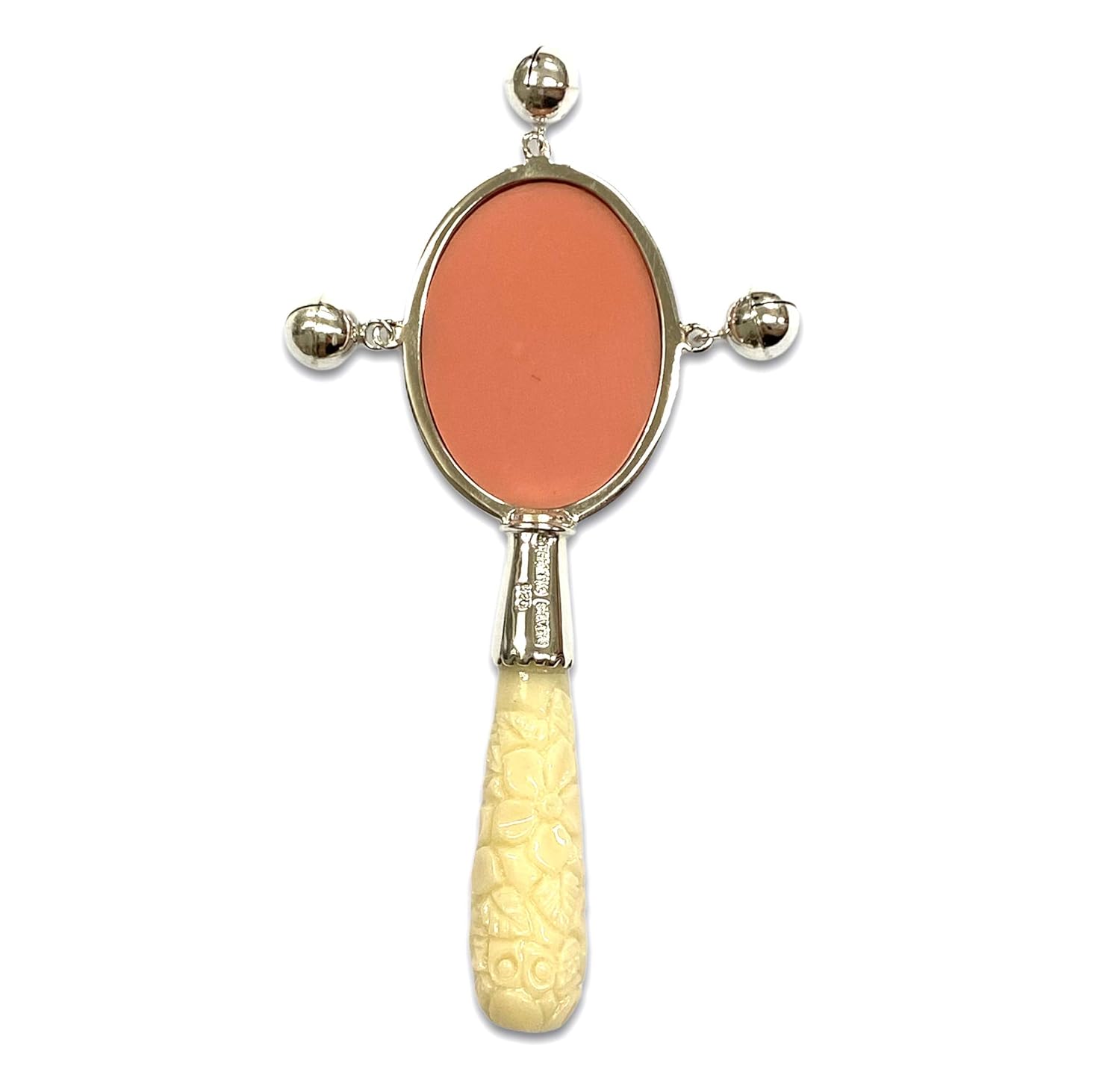 Victorian Style Baby Pink Cameo Baby Rattle with Carved Resin Handle