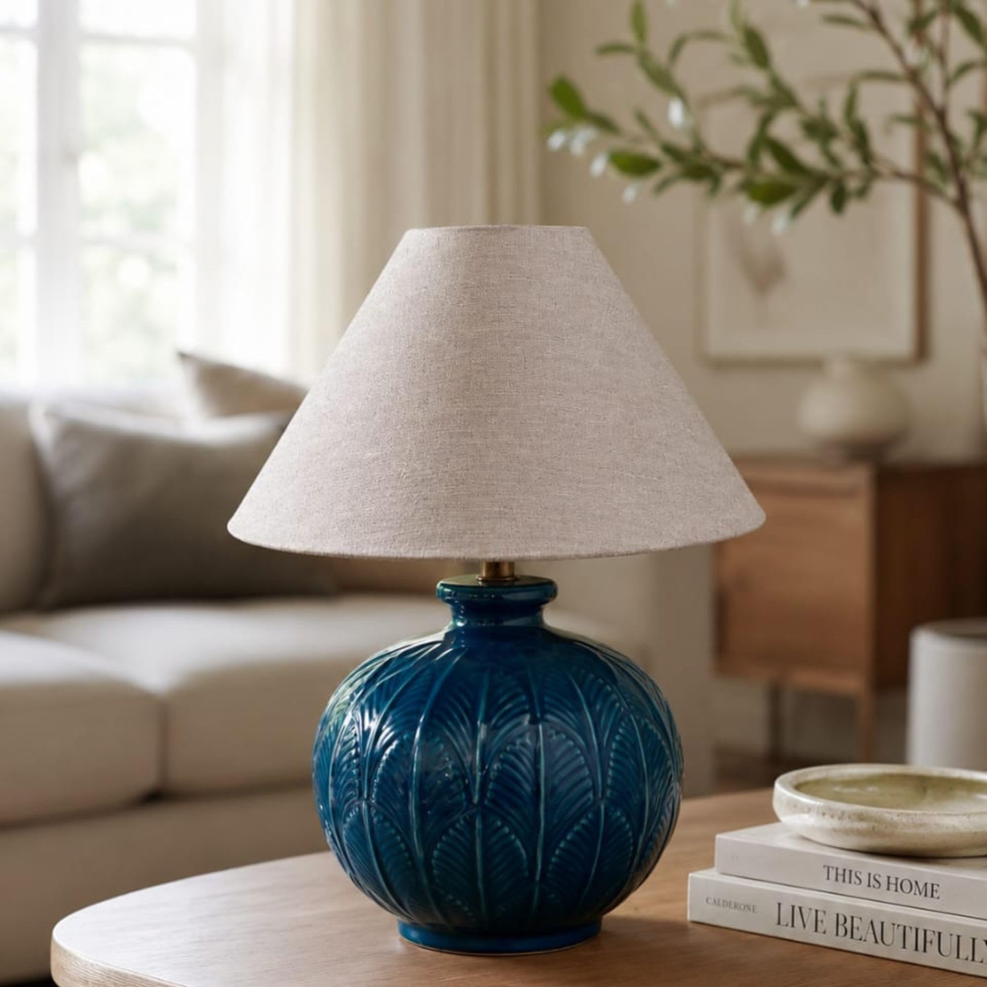 Teal Blue Ceramic Table Lamp Base with Embossed Leaf Pattern (Without Lamp Shade)-image-30
