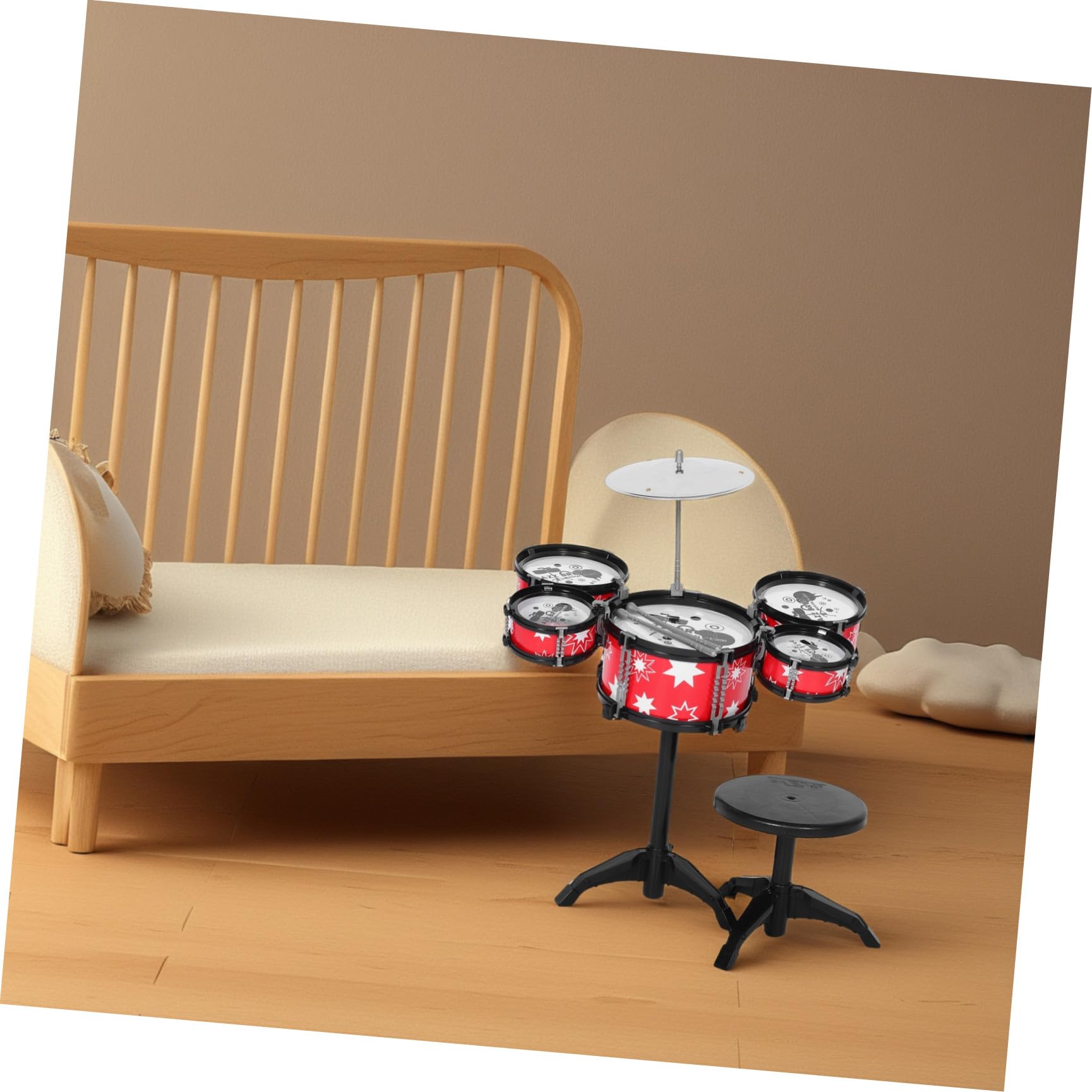 Juego de Batería para Pequeños, Batería de Percusión Abs Roja Borde Negro, 5 Tambores Taburete y Baquetas, Instrumento Musical Educativo para Desarrollo Temprano y Ritmo, Juguete