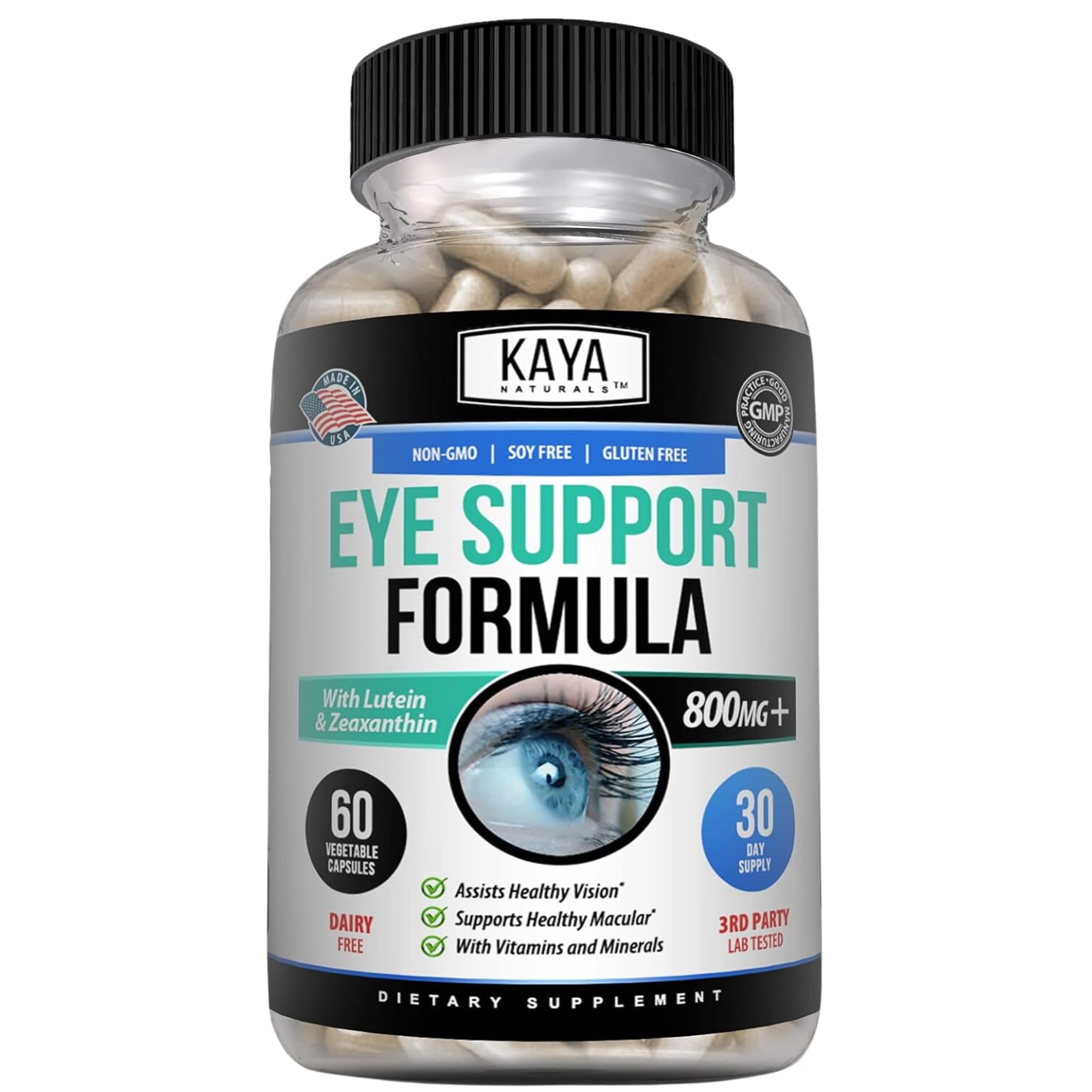 Kaya Naturals Eye Health Supplement - Lutein & Zeaxanthin - Supports Eye Strain, Dry Eyes, and Vision Health - Clinically Proven Ingredients 800mg Vitamin Supplement - 60 Count