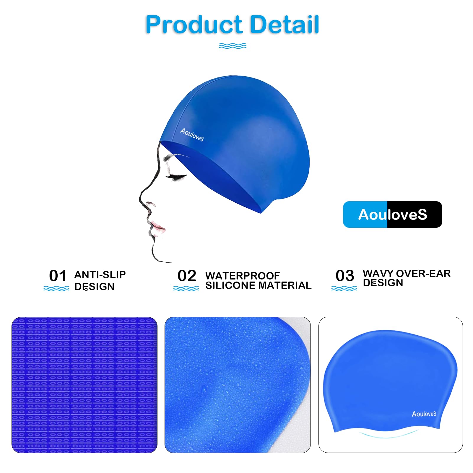 Aouloves Durable Silicone Swim Cap for Men &Women, Non-Slip Waterproof, Comfortable Durable, Swim Cap Protect Ears, for Short/Long Hair Adults Youths Kids, Easy to Put On and Off