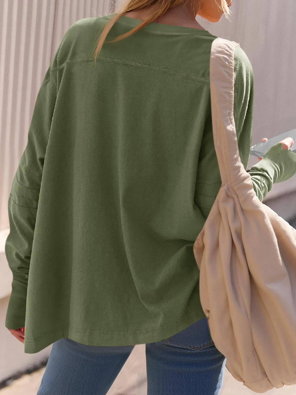 Tankaneo Womens Oversized Long Sleeve Shirts V Neck Tshirts Casual Loose Fit Tunic Tops for Leggings with Thumb Holes - Image 2