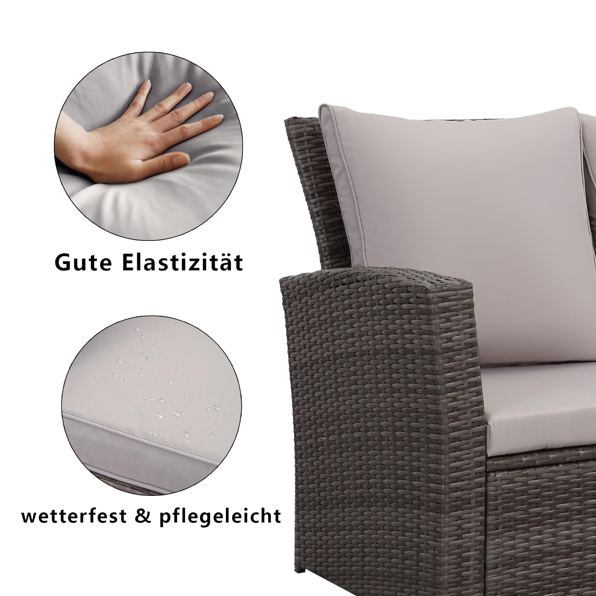 GLP Balkonmöbel Set 4 Personen Polyrattan Gartenmöbel Set Lounge Terrassenmöbel Wetterfest mit 2-Sitzer Sofa Sessel Couchtisch Auflagen Kissen für Garten Balkon Terrasse Outdoor (Grau & Hellgrau)