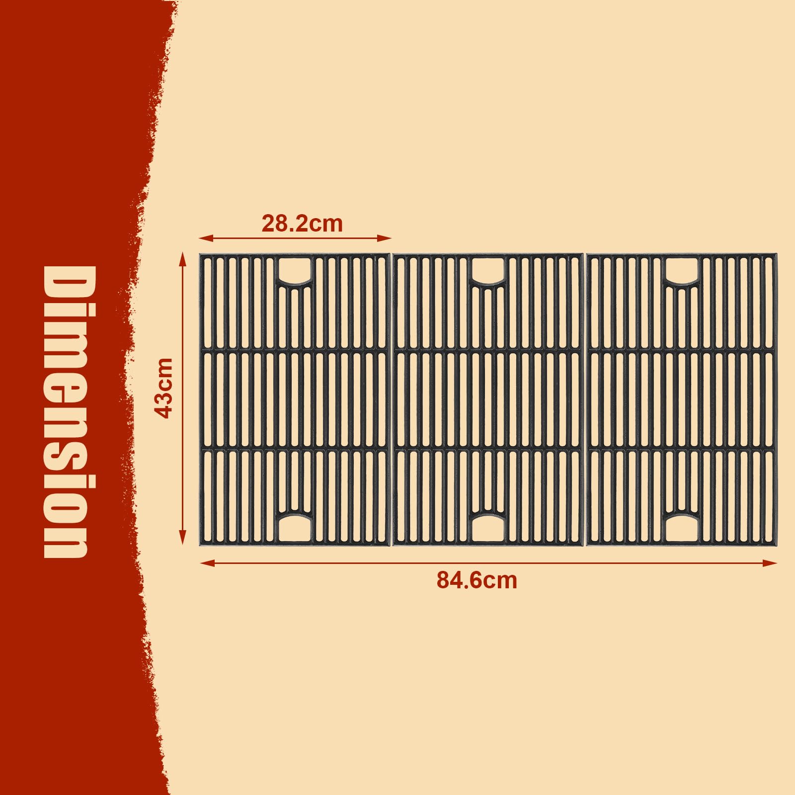 Denmay 43 x 84,6 cm żeliwne ruszty do grilla Broilking Sovereign 490, Charbroil Gas2Coal 440, Nexgrill, części zamienne do Nexgrill 6-palnikowy 720-0896B, 720-0898, 720-0896X, 720-0898A, 3 sztuki