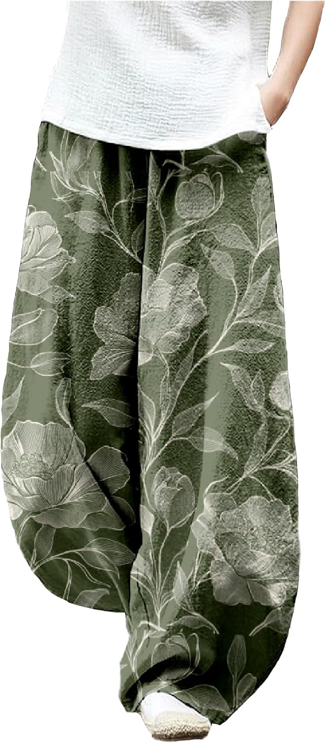 MARSVOVO Harem Pants Women Palazzo Wide Leg Pants Woman Novelty Plant Print Lightweight Baggy Sweatpants Travel Pants