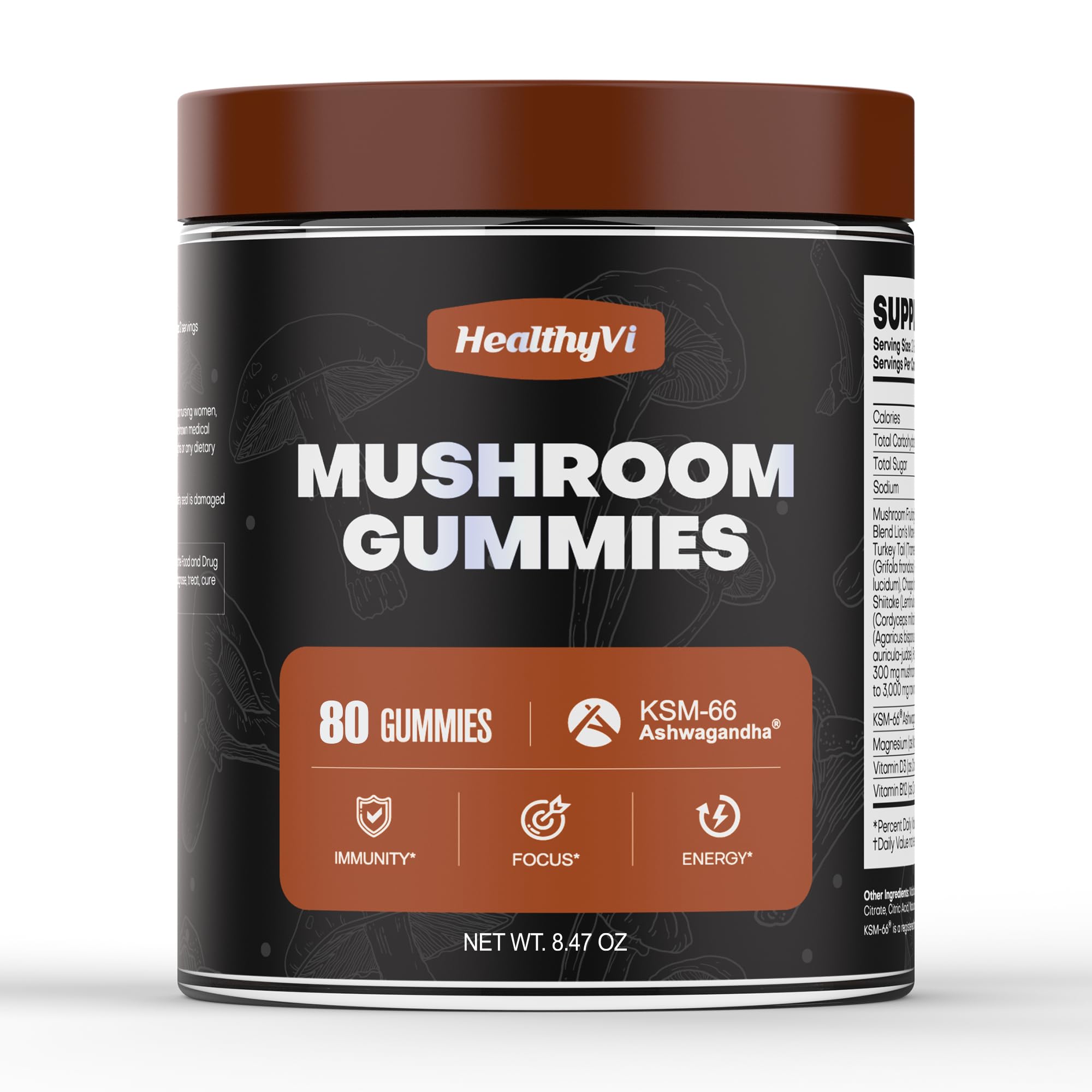 Mushroom Gummies Supplement, Reishi, Cordyceps, 80 Gummies
