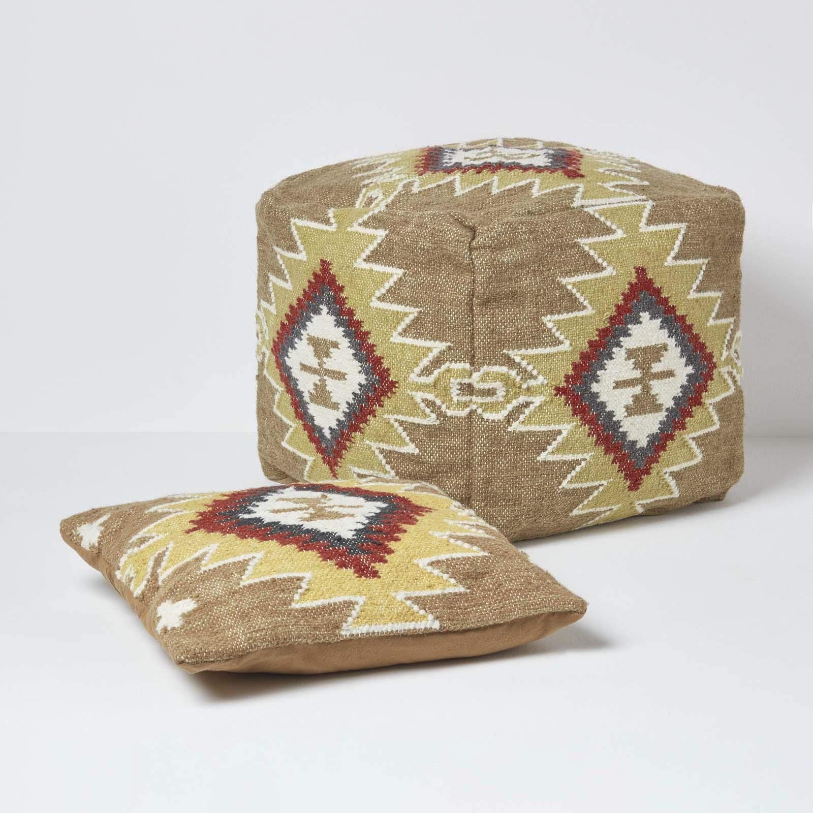 Homescapes - Pouf Kilim realizzato a mano, con imbottitura in fagioli, 43 x 43 cm, in lana e cotone ricamati a mano, motivo geometrico "Jaipur"