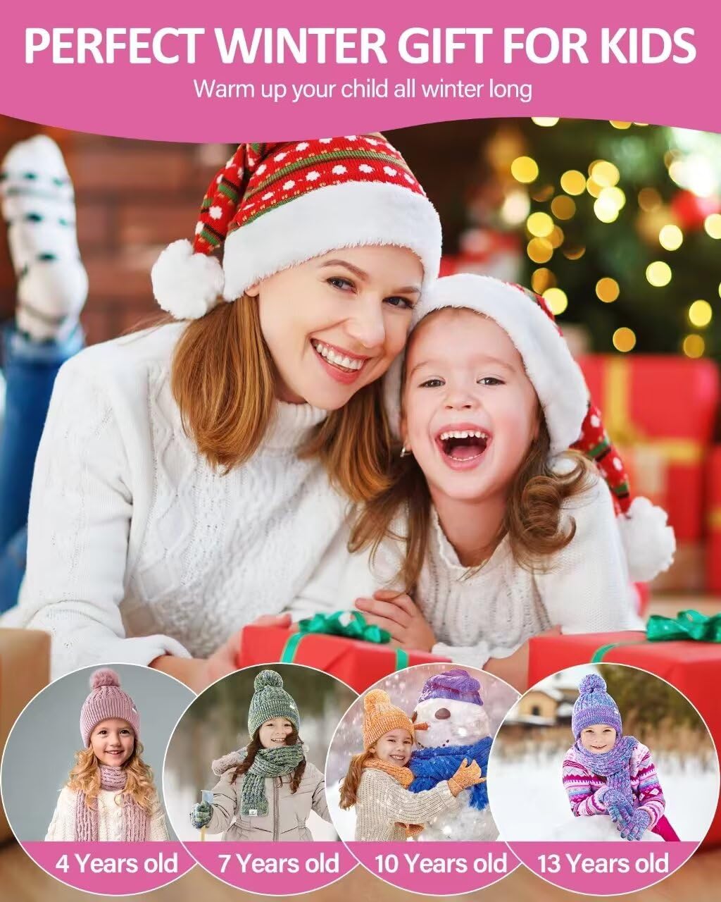 Kinder-Wintermütze, Handschuhe, Schal, Set, Mädchen, Kleinkind, Wintermütze, Beanies mit Bommel, Halswärmer, Gamasche, Fäustlinge, Fleece-gefüttert, Weihnachtsgeschenk für Kinder (Rose Rot und Blau)