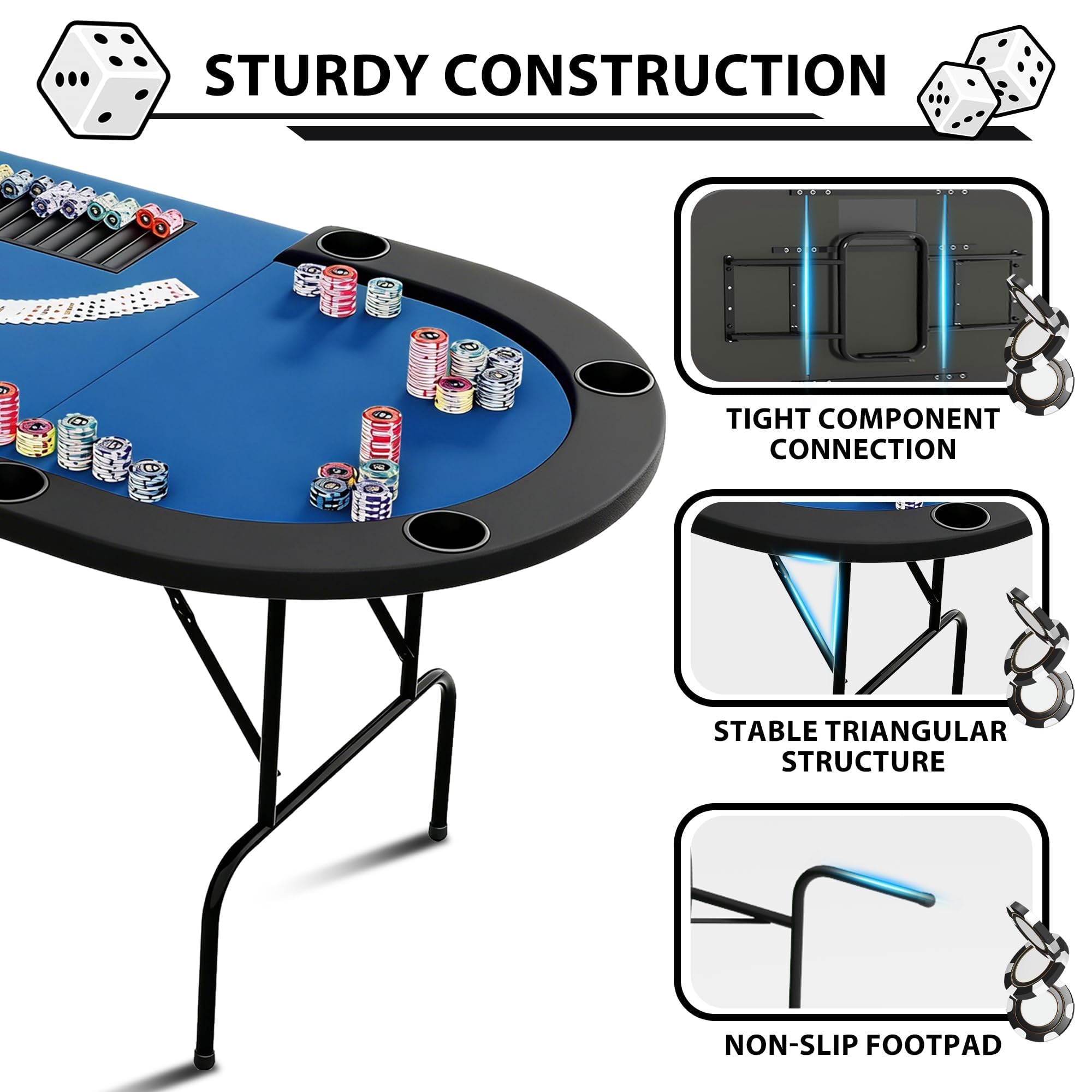 Garvee Table De Poker Pliable à 9 Joueurs - Table De Jeu Circulaire avec Pieds en Fer, Plateau Bleu en Plastique, Porte-Gobelets pour Soirées De Jeux, Casino Maison Et Événements Familiaux