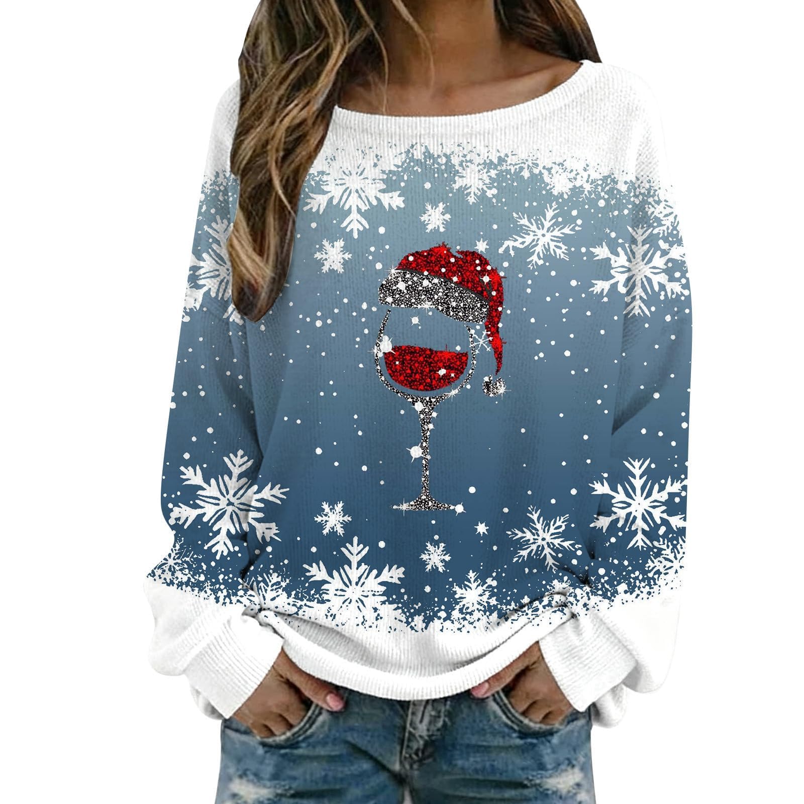 Women Christmas Sweatshirt Funny Xmas Ugly Pullover Cute Graphic Novelty Snowflake Long Sleeve Textured Knit Sweater Top