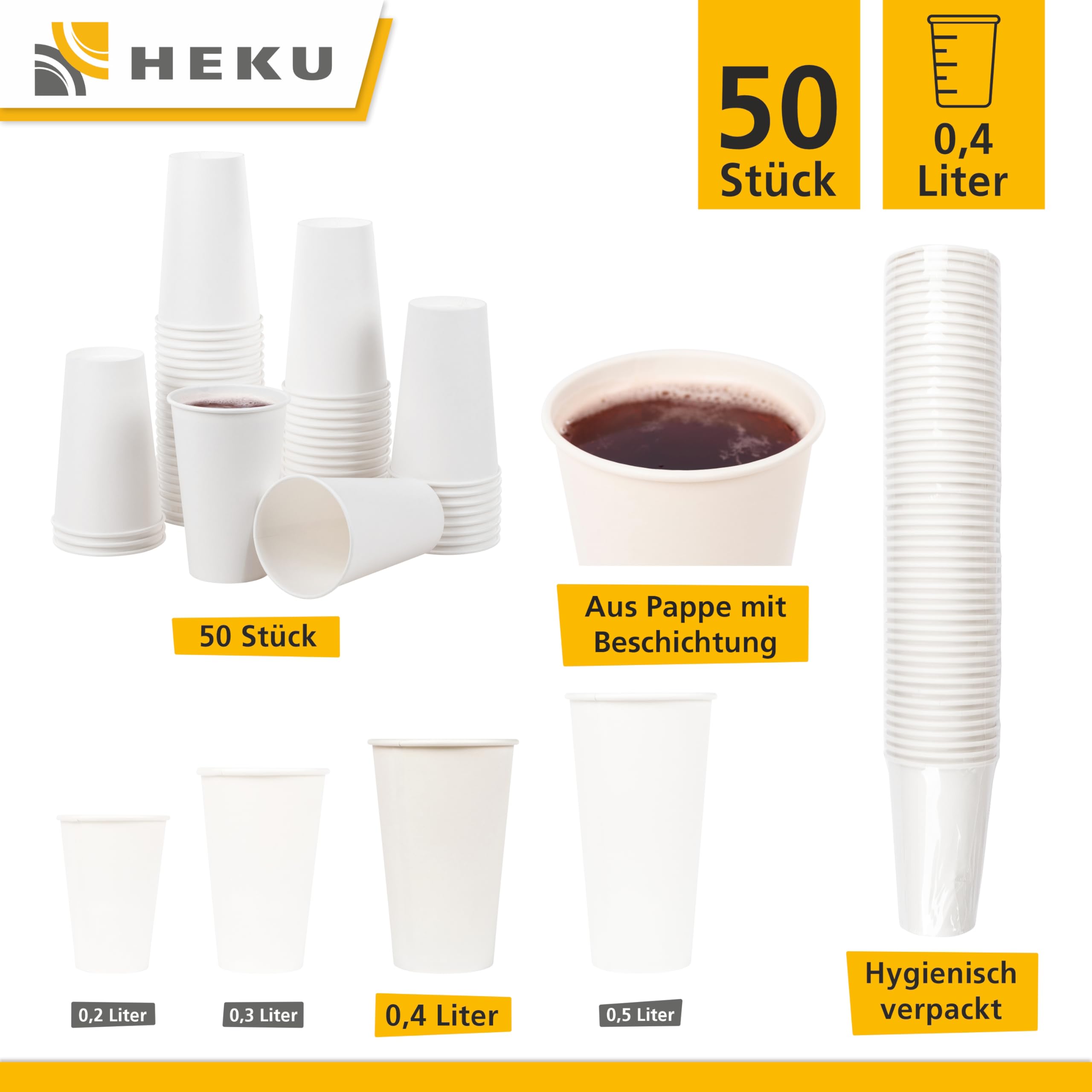 HEKU 30913: 50 papierowych kubków, biały, 0,4 l