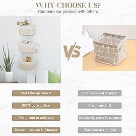 TeoKJ 3-Tier Woven Cotton Wall-Mounted Hanging Storage Baskets, Over the Door Organizer Bin for Kids Room, Bathroom, Bedroom, Kitchen, White & Rainbow Stitching