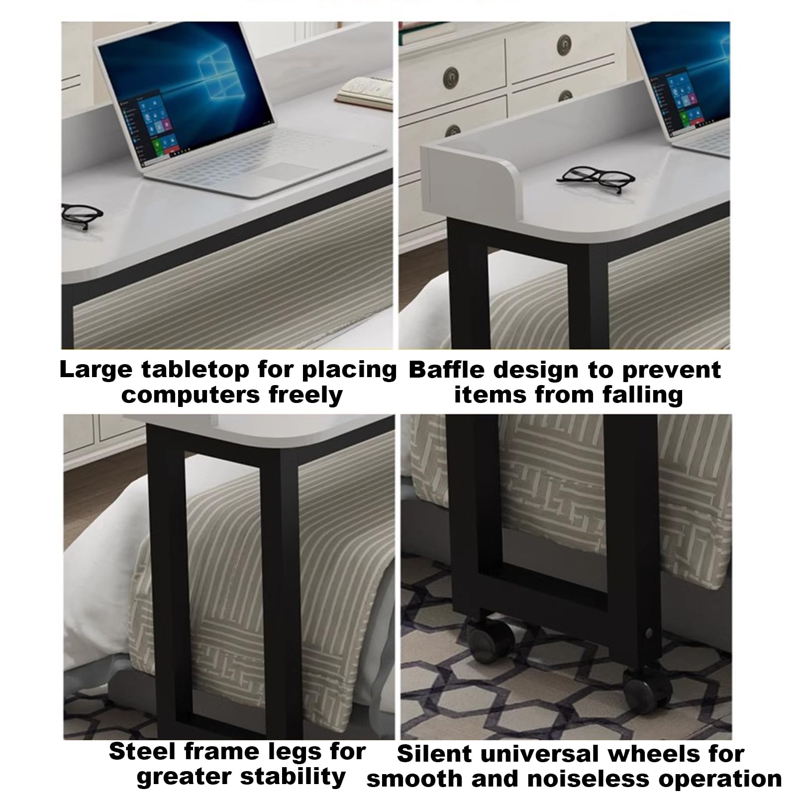 Mesa de altura ajustable con ruedas, escritorio de cama con ruedas para cama tamaño King, mesa cruzada de 67in / 170 cm, color blanco y negro, ideal para el trabajo o las comidas