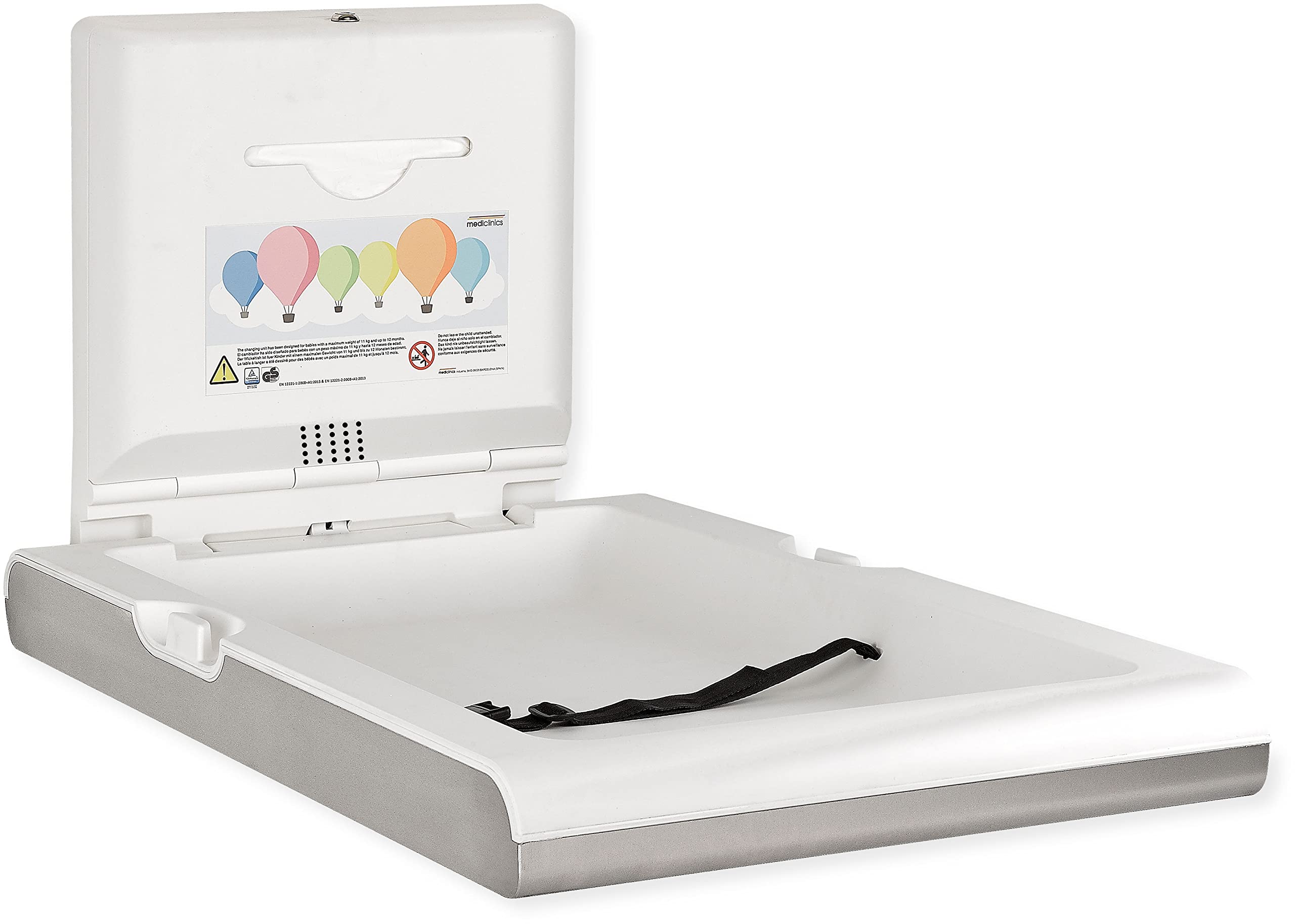Saniflow CP0016VCS-I-ASTM Vertical BabyMedi Surface-Mounted Modern Baby Changing Station with Ionizer, Satin/Stainless Steel; Liner Dispenser; Stainless Steel Front Chassis; Open/Closed Mechanism