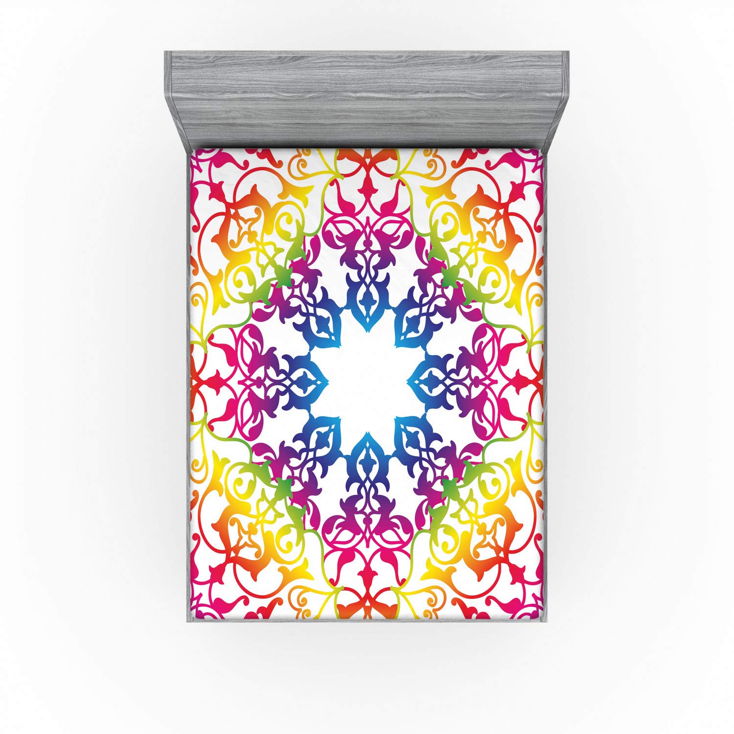 Ambesonne Ethnic Fitted Sheet, Abstract Ombre Vivid Rainbow Colored Mandala Tie Dye Effect Flower Kids Hippie Print, Bed Cover with All-Round Elastic Deep Pocket for Comfort, King Size, Purple Blue