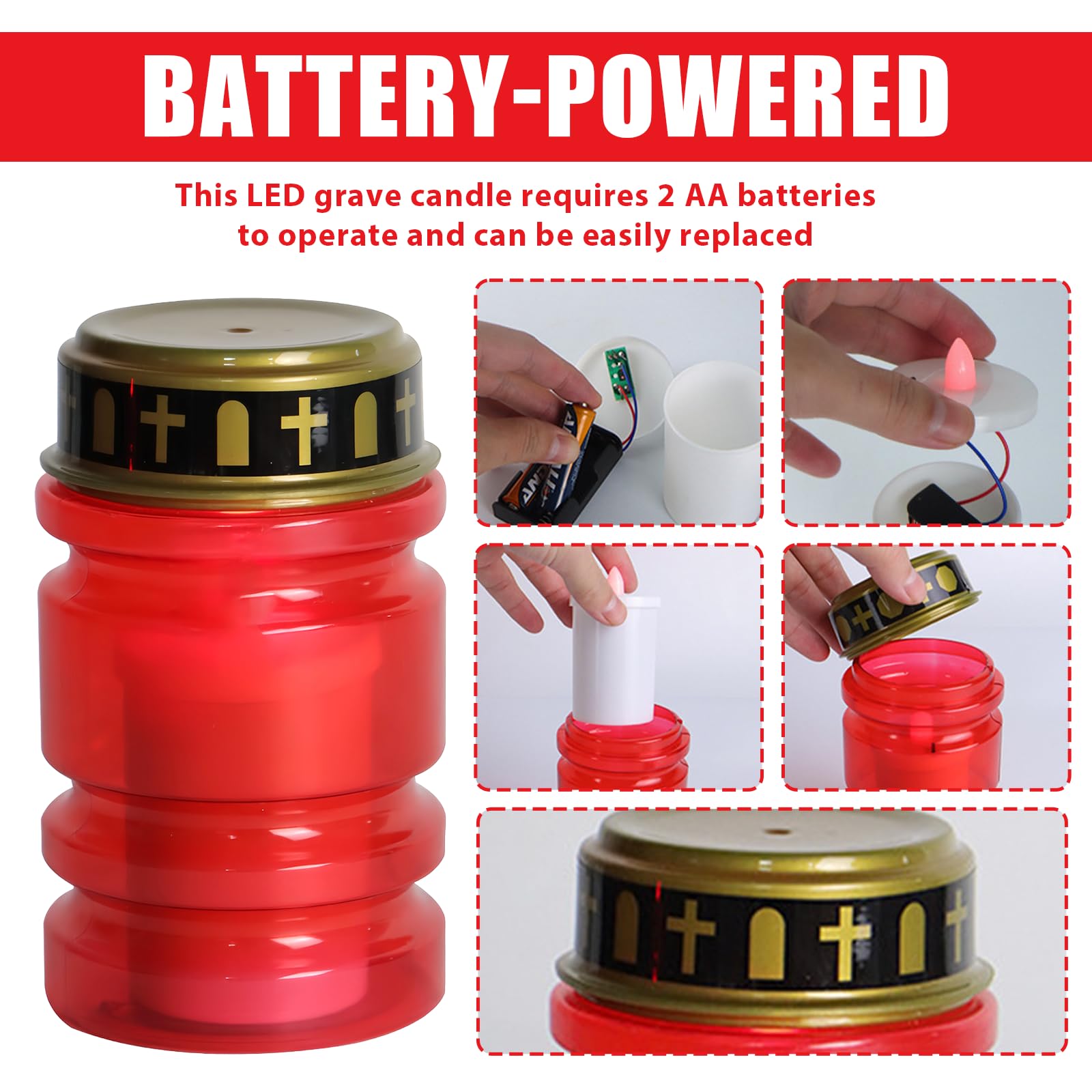 4 Velas LED Para Tumbas Con Parpadeo Rojo – IP44 Impermeable, Pilas, Sin Llama Para Cementerio Y Exteriores