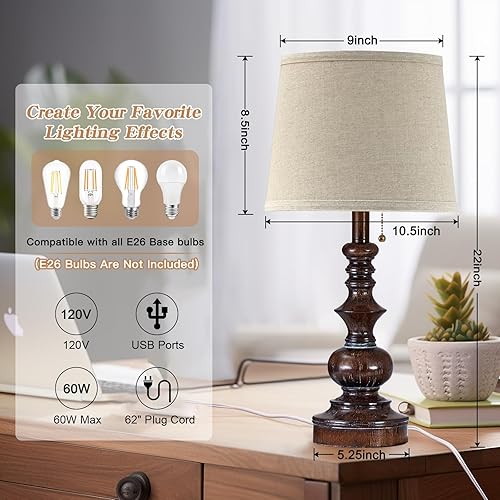 Miniatura 5 de Juego de 2 lámparas vintage para mesita de noche para dormitorio, con puertos de carga USB, lámpara de mesa pequeña rústica para mesas auxiliares de