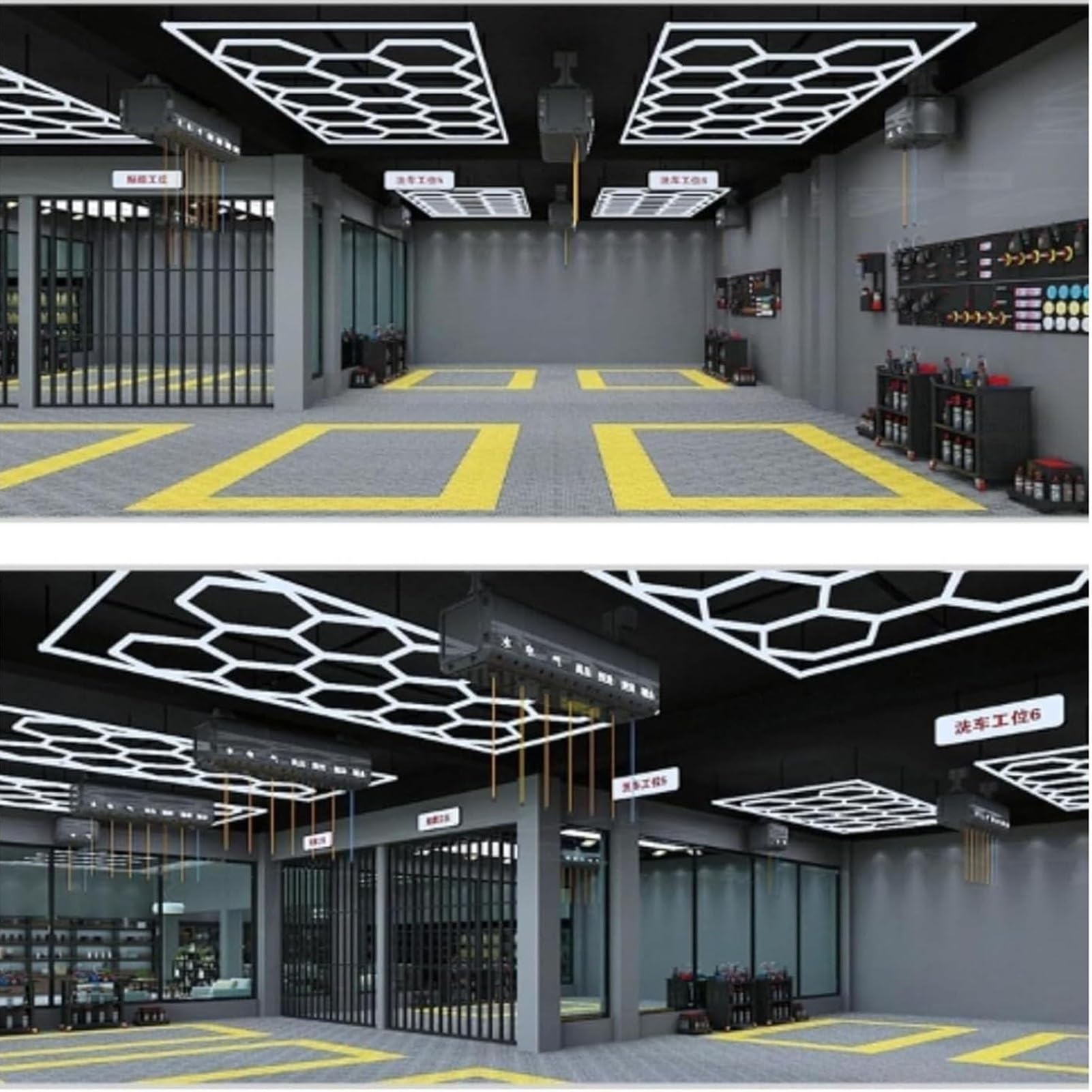 Plafonnier LED Hexagonal for Garage, Atelier, sous-Sol, Grille hexagonale 6500 K, connectable, for Garage, Atelier, etc.(B)