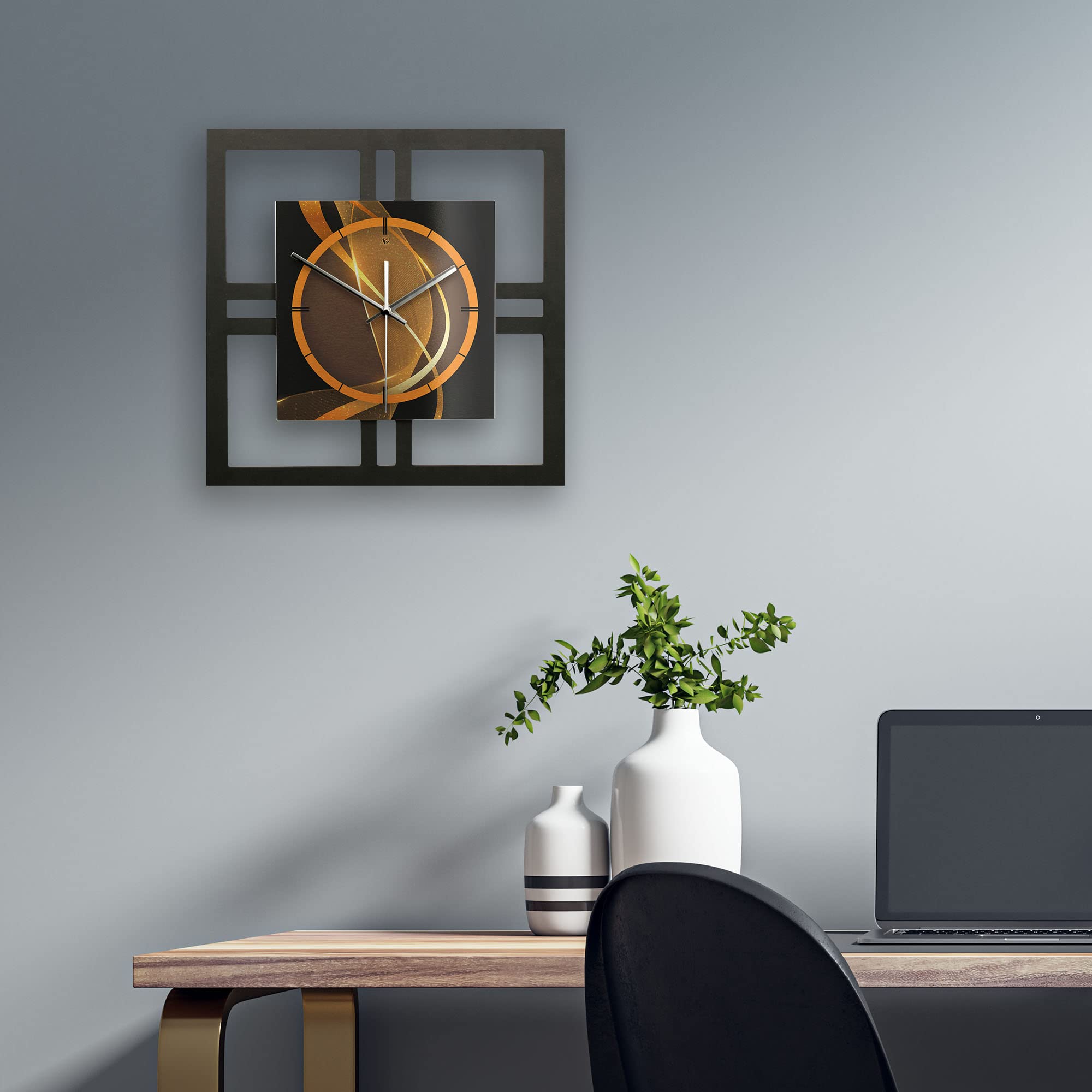 Kreative Feder Designer-WANDUHR „Dynamic“ 40x40cm schwarz-Gold in modernem Metallic-Look ohne Tickgeräusche (Dynamic, leises Funkuhrwerk)