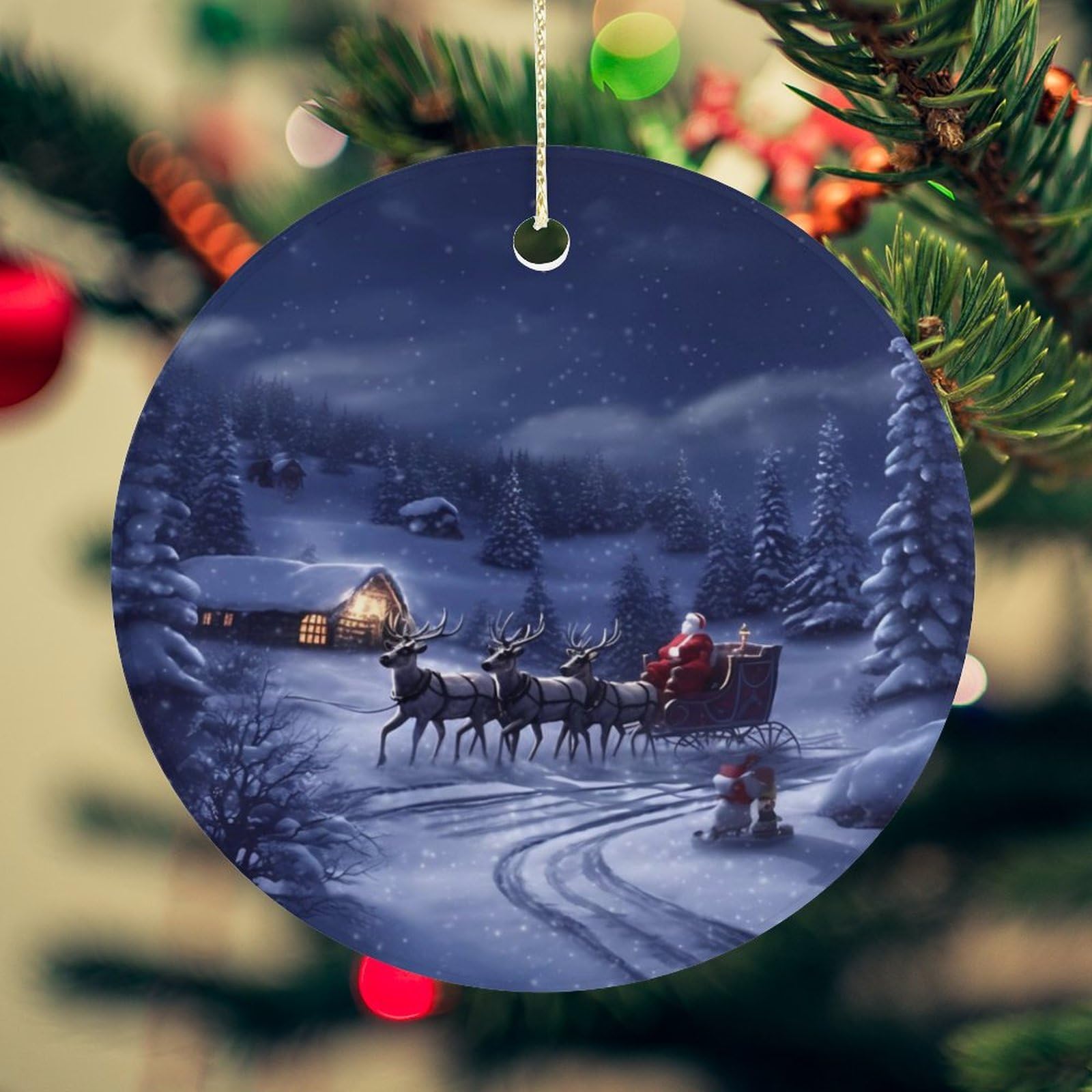 Snow Night Santa and Deer Christmas Ornament for Christmas Tree Ceramic Round Ornament Winter Holiday Keepsake Gift 2.7" Christmas Tree Hanging Decorations Circle Ceramic Pendant Xmas Gift