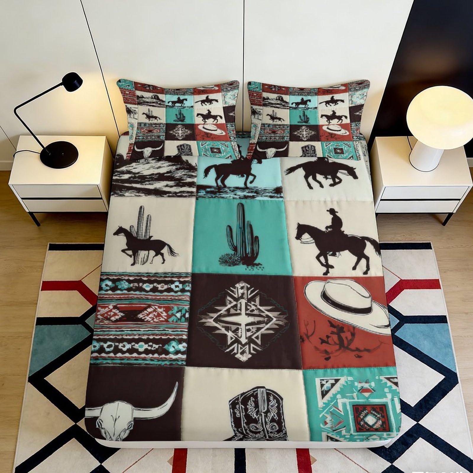 3D Printed Western Cowboy Fitted Sheet Microfiber Turquoise Cactus Bed Cover Anti-Slip Machine Washable for Bedroom Dorm Decor 90x200x25cm