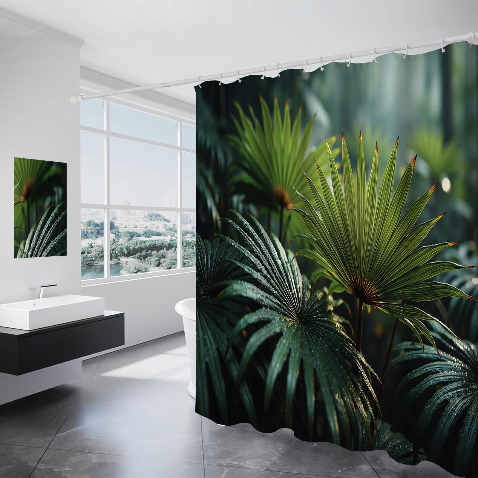 Rideau Douche,Rideau Baignoire Lavable en Machine Rideaux Douche Tissus Lavable Rideau De Baignoire Lavable pour Salle De Bain Domicile Baignoire Famille,Feuilles Vertes Texturées,