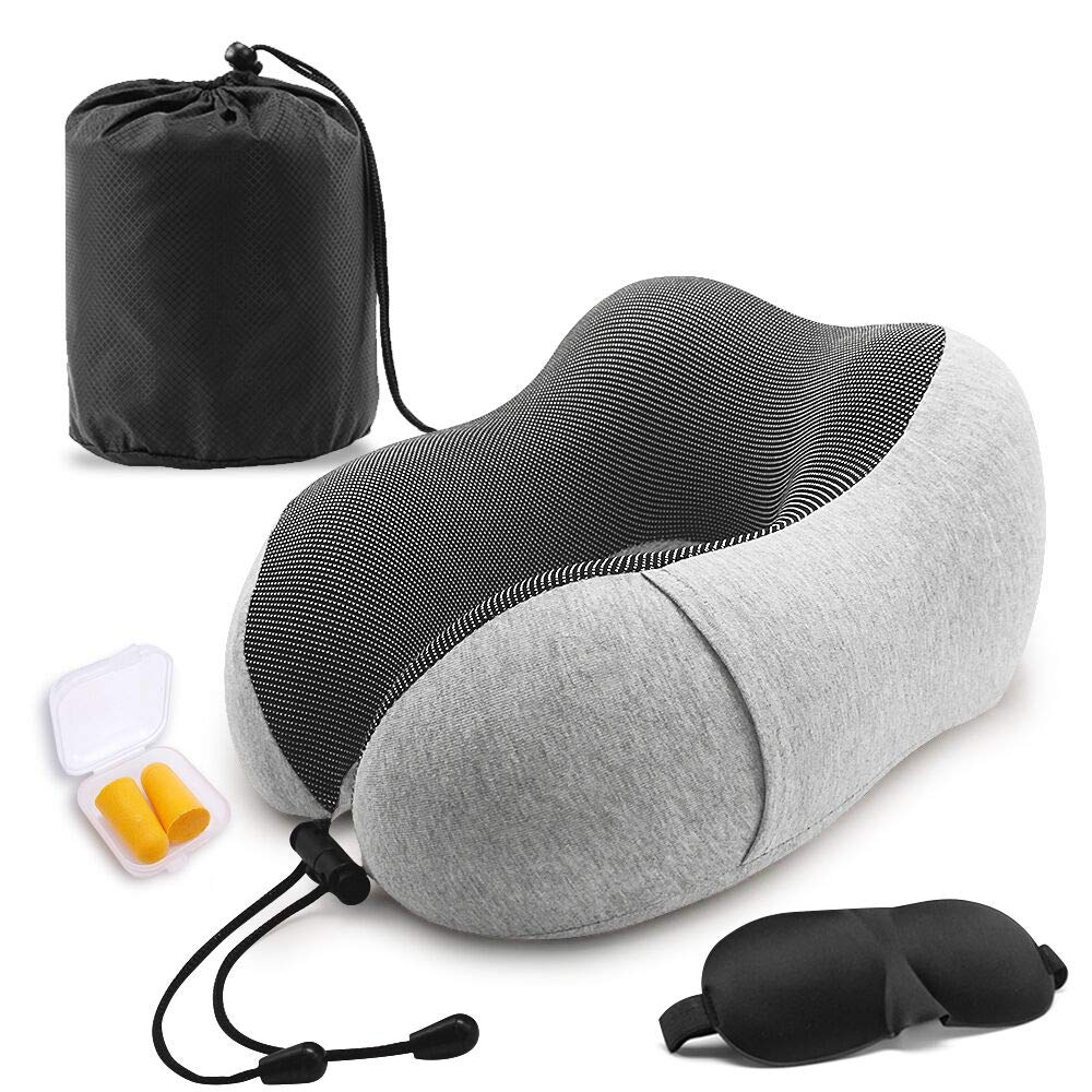 SYOSIN Travel Pillow 100% Pure Memory Foam, Super Soft Comfortable Pillow with Machine Washable Cover + 3D Eye Masks,Earplugs and Storage Bag, for Working,Driving,Travel,Home Life,Standard,Gray