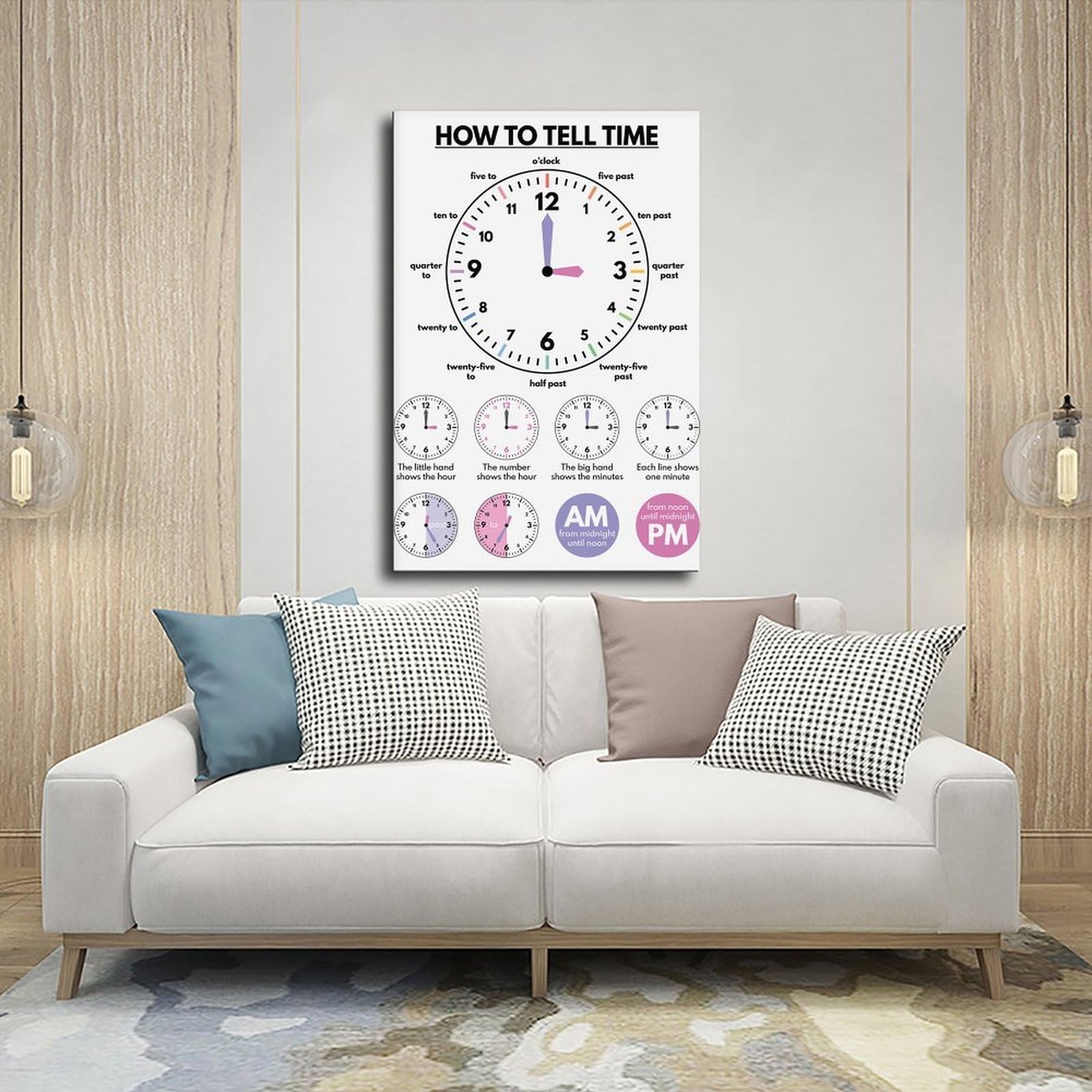 MGDUJGH Wandkunst, Poster und Drucke, Motiv: "How to Tell Time Education What Time Is It", Lernuhr, Lehrwerkzeug, Klassenzimmer, Kunstdruck, Poster und Drucke, Raumdekoration, 30 x 45 cm