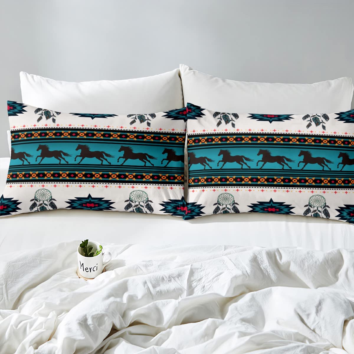 Set di biancheria da letto per ragazzi, bambini, adolescenti e uomini, motivo con cavalli tribali africani aztechi, stile rustico, decorazione per camera da letto, singolo