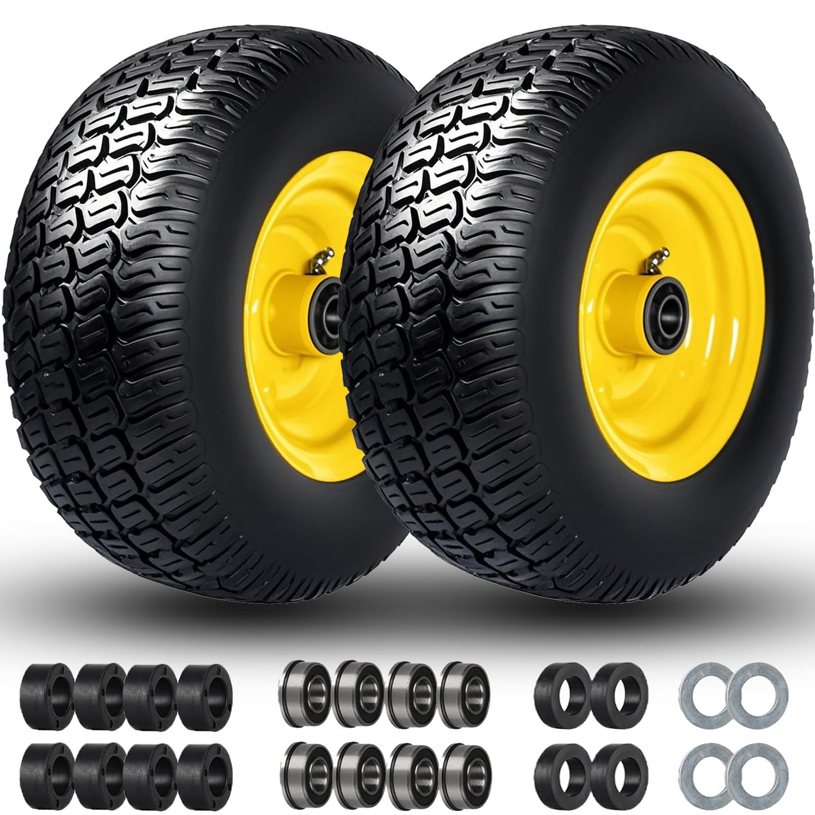 Flat Free 11x4.00-5" Tires and Wheel, 11x4-5" Lawn Mower Tire, Zero Turn Front Tires, with 3/4" & 5/8" & 1/2" Bearings, 3.4"-5.9" Centered Hub, 11x400-5 Solid Tire, 2 Pcs