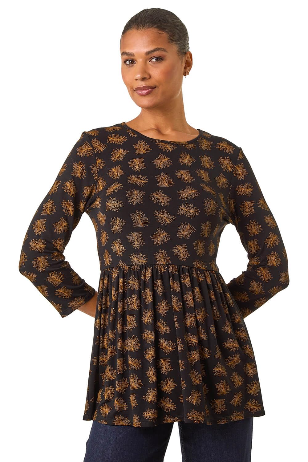 Roman Originals Women's Beige Abstract Print Stretch Tunic Top For Uk - Everyday Autumn Winter Round Neckline Comfy Soft Evening Vacation Work Party Night Out - Natural - Size 14