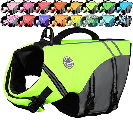 VIVAGLORY Sports Style Dog Life Jacket with Adjustable & Durable, Extra Flotation Swim Life Vest with Secure Fastening System for Medium Dogs, Bright Yellow