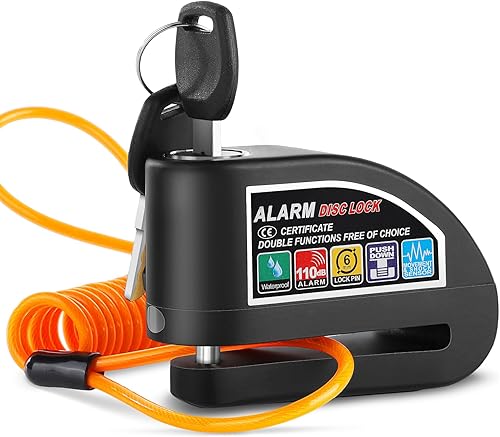YOHOOLYO Bloqueo de disco de alarma para motocicleta, bloqueo de freno de disco antirrobo, impermeable, 110 dB 0.276 in, cable de recordatorio de 5